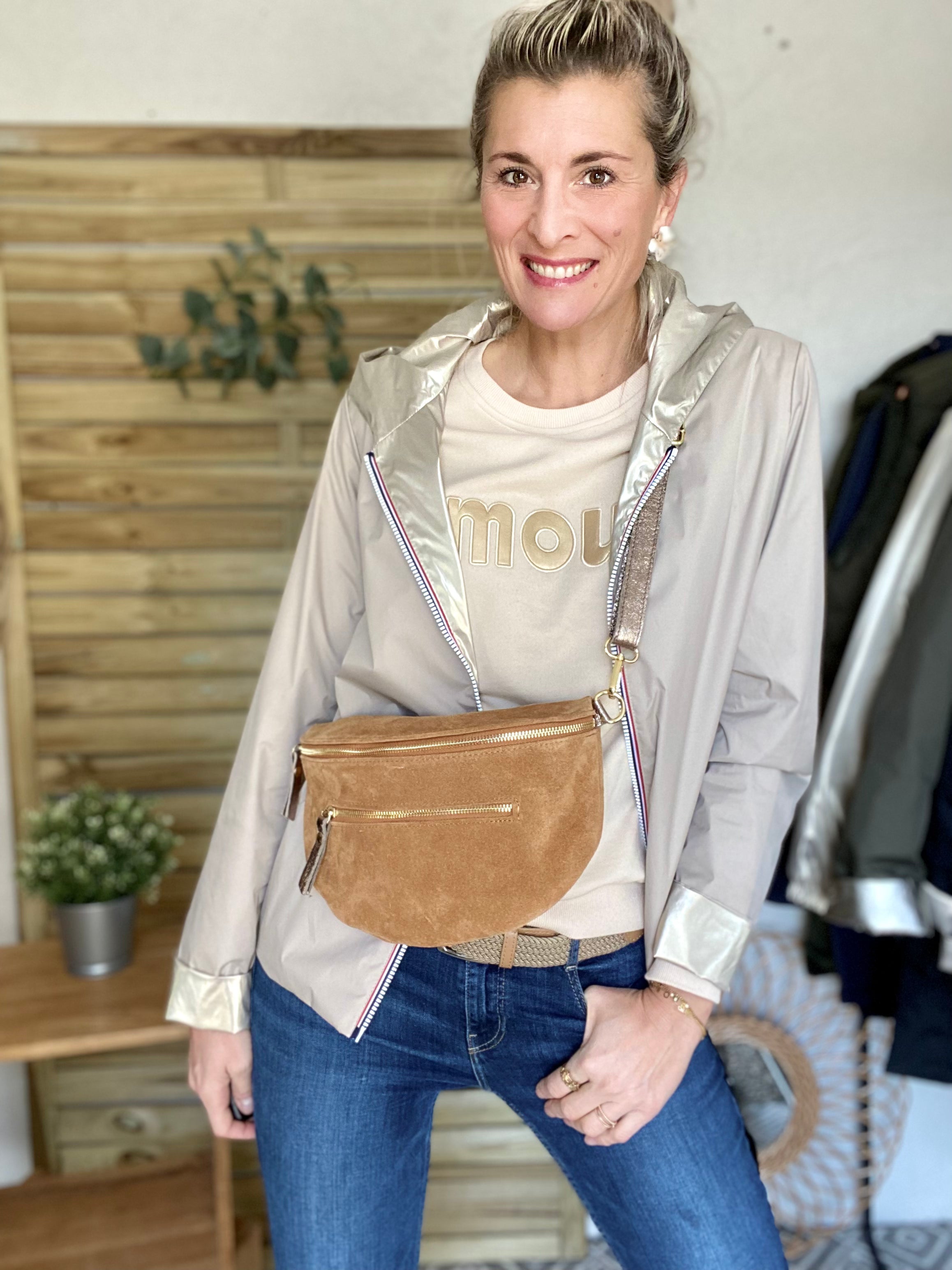 Sac banane XL 2 zips en cuir velours et irisé 30cm TERRY - Camel (4 coloris)