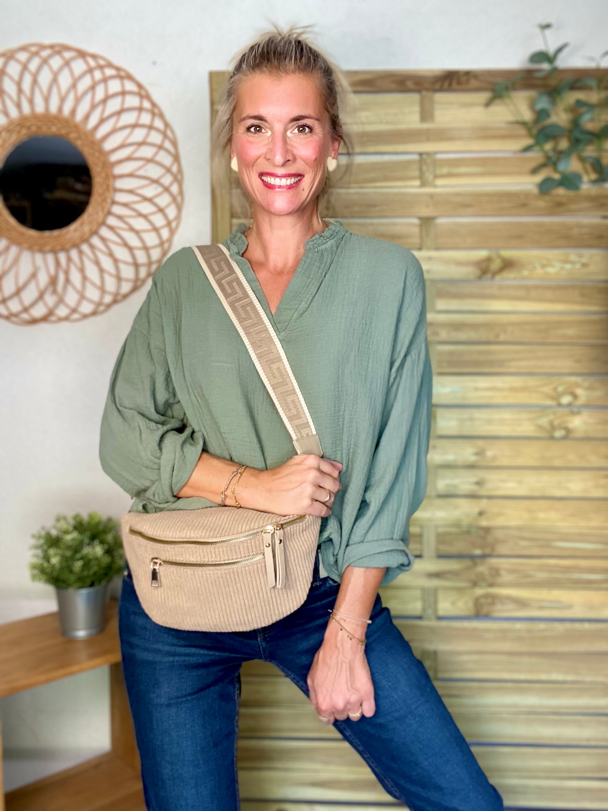 Sac banane L en velours côtelé 2 zips et sangle fantaisie - ASHLY - Beige taupe (côtelé large)