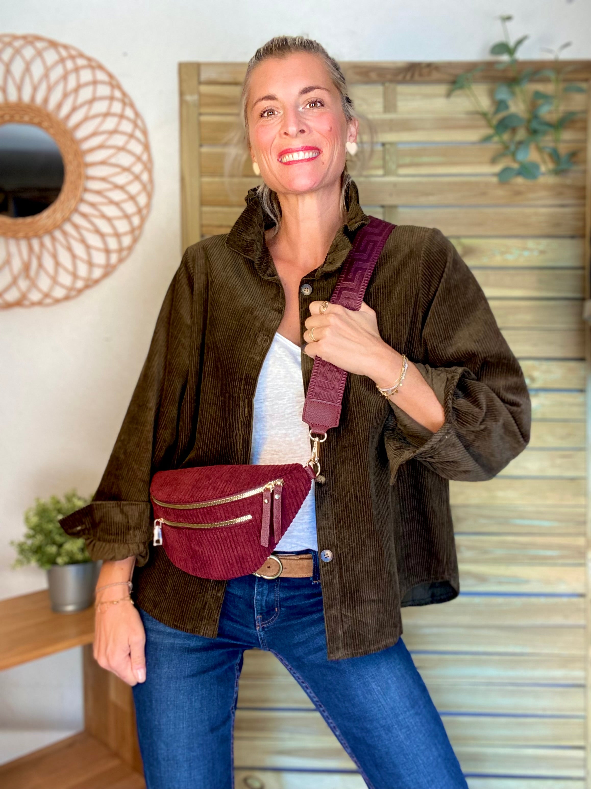 Veste / Chemise en coton, col victorien volanté YVONNE - Velours Kaki