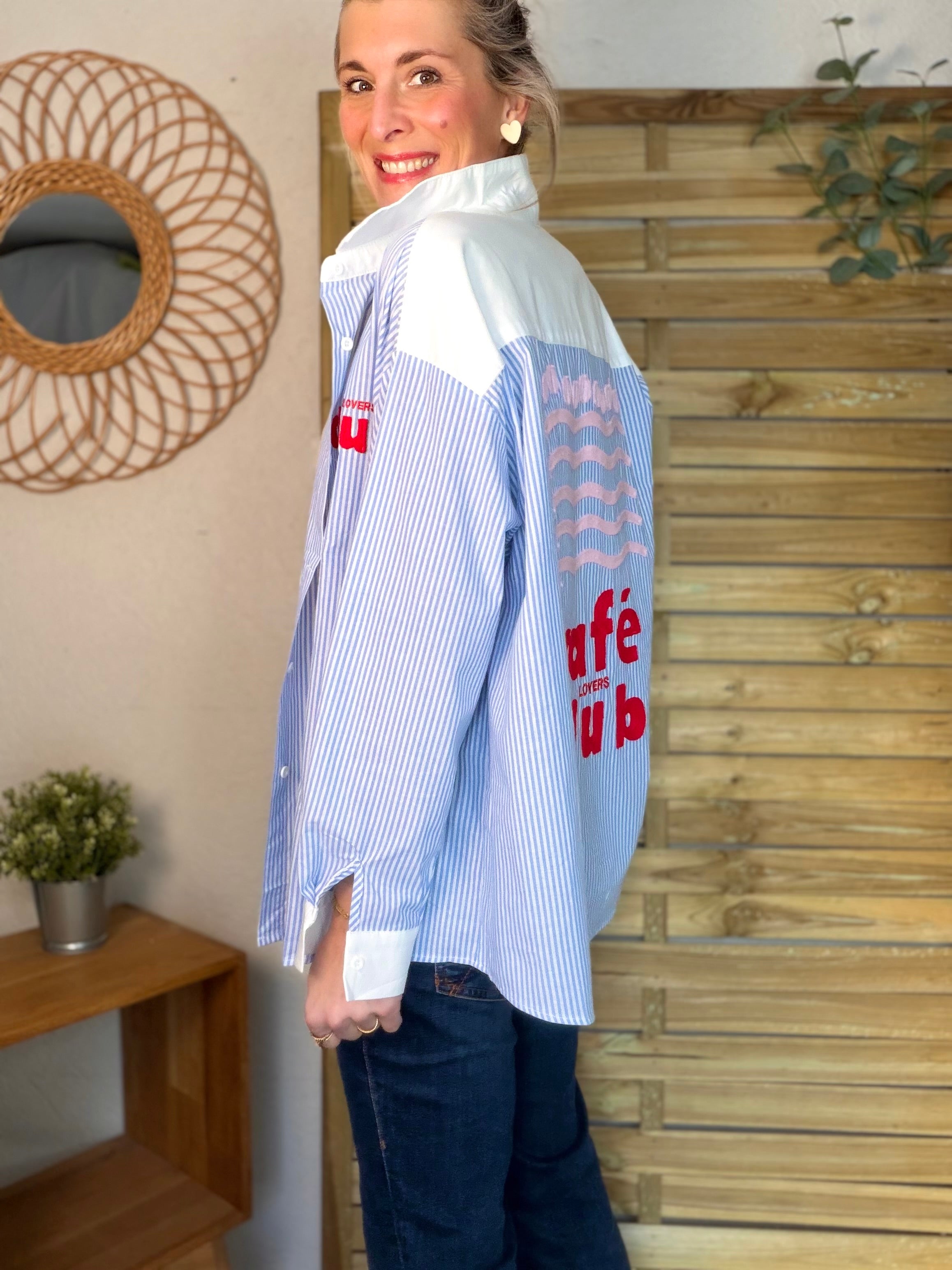 Chemise bleue rayée brodée CAFÉ LOVERS CLUB - ALIZÉE