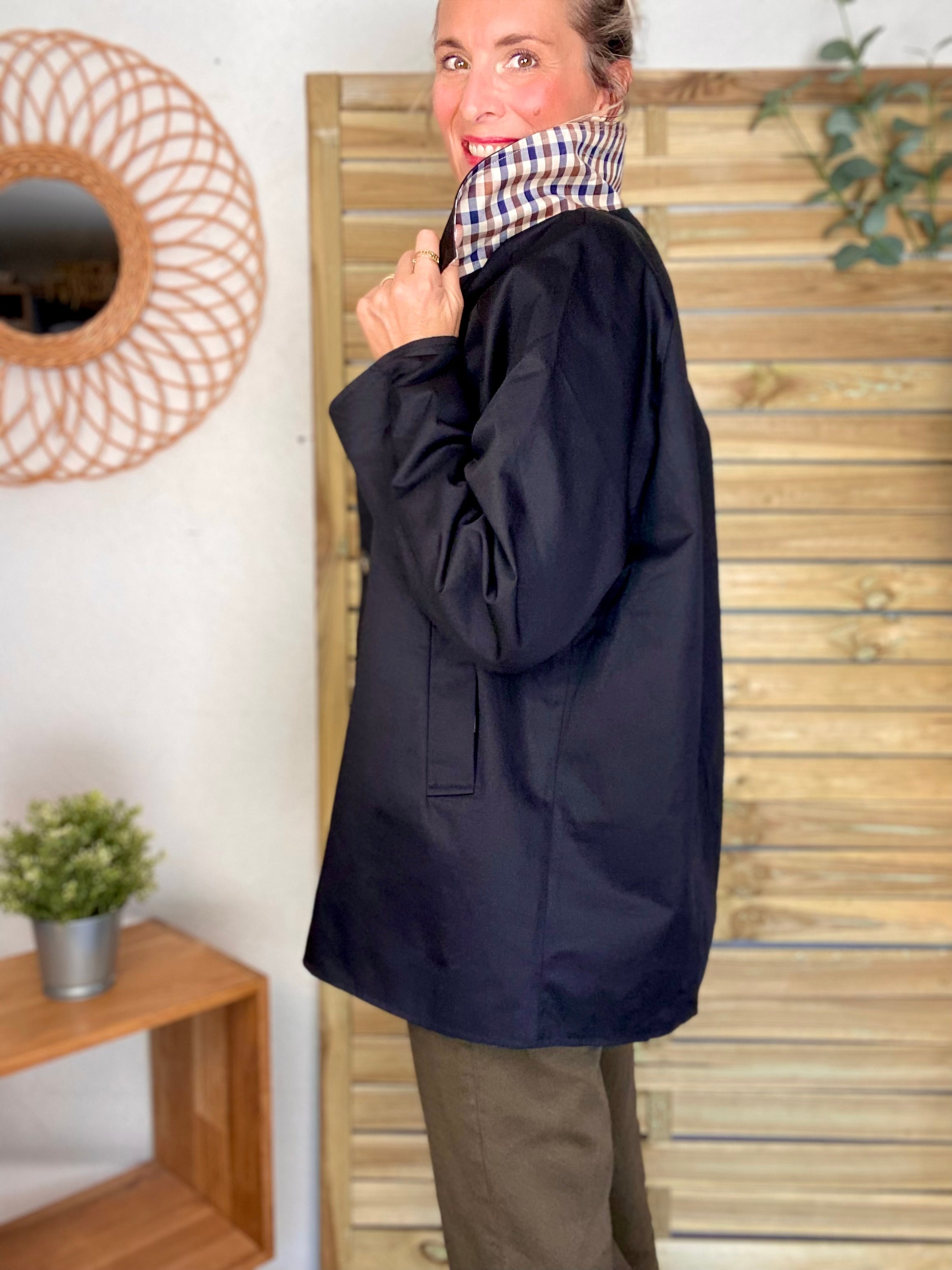Veste Trench mi long réversible vichy LENA - Noir