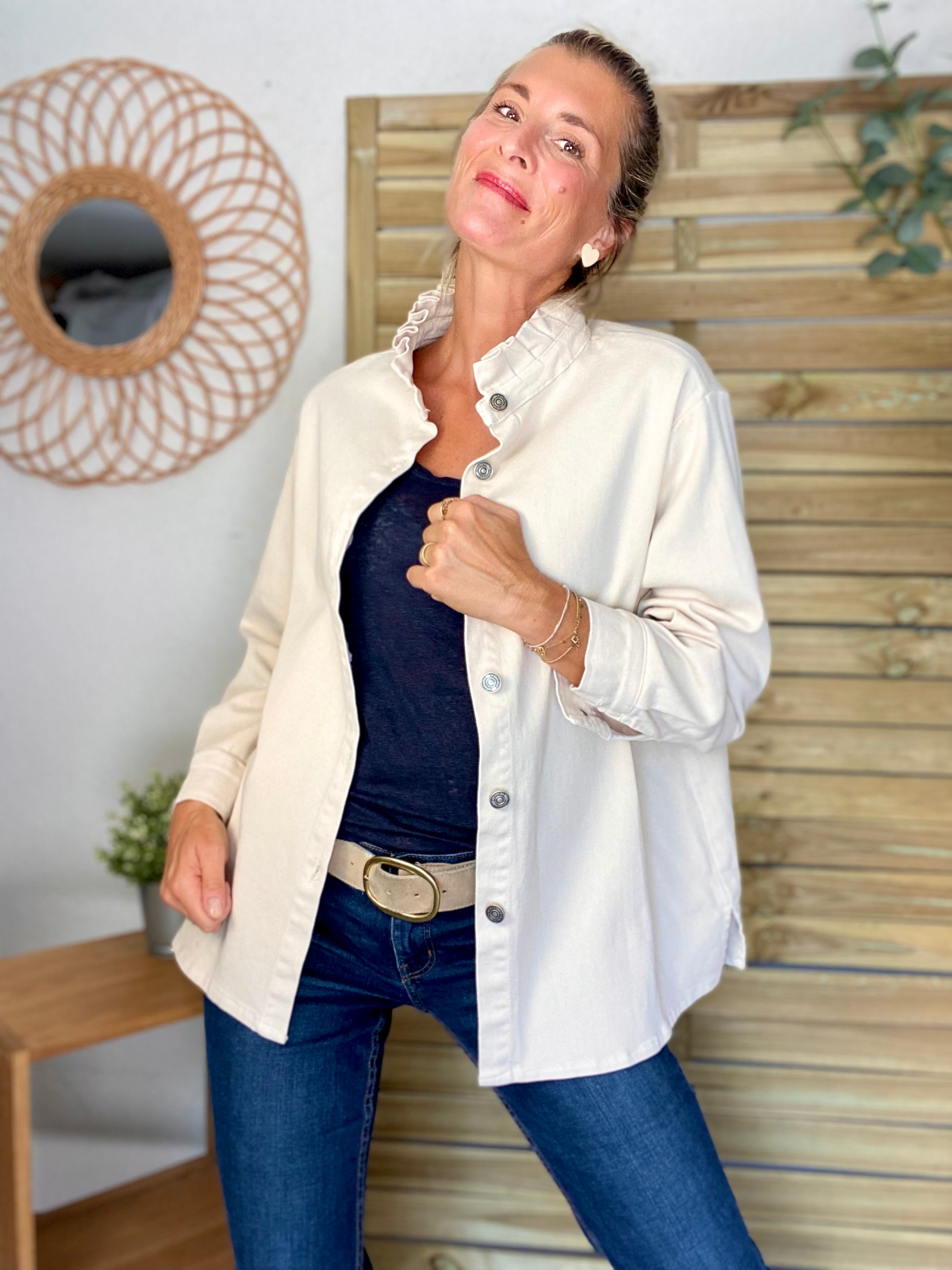 Veste / Chemise en coton, col volanté Beige clair LISON