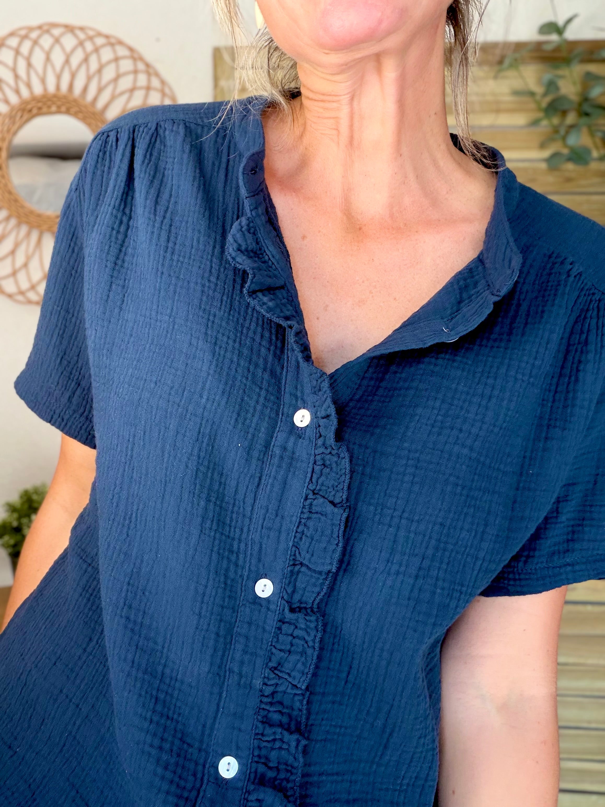 Blouse en gaze de coton ANAËLLE Bleu marine