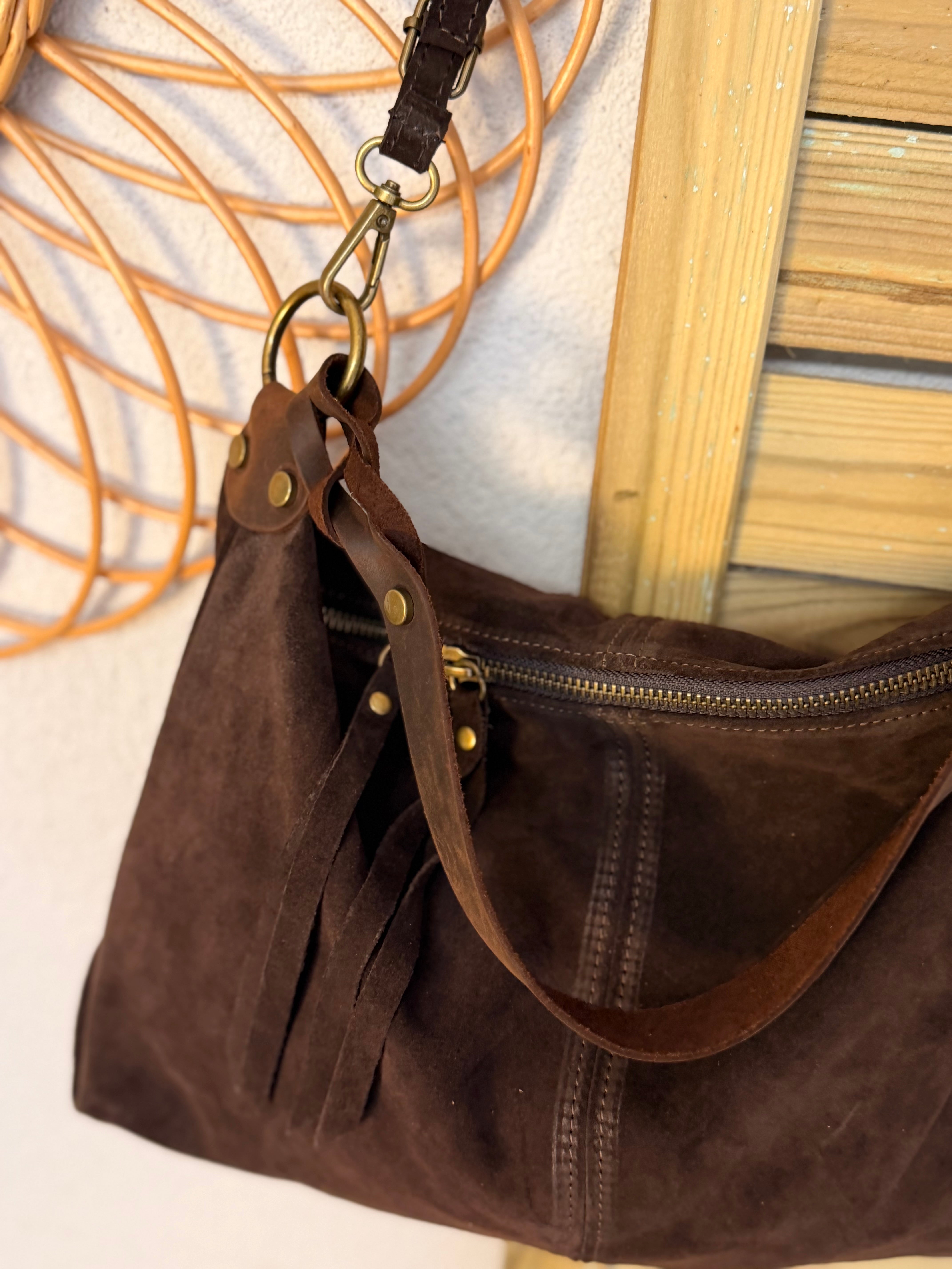 Sac hobo en cuir daim souple, double bandoulière ANDREW Chocolat