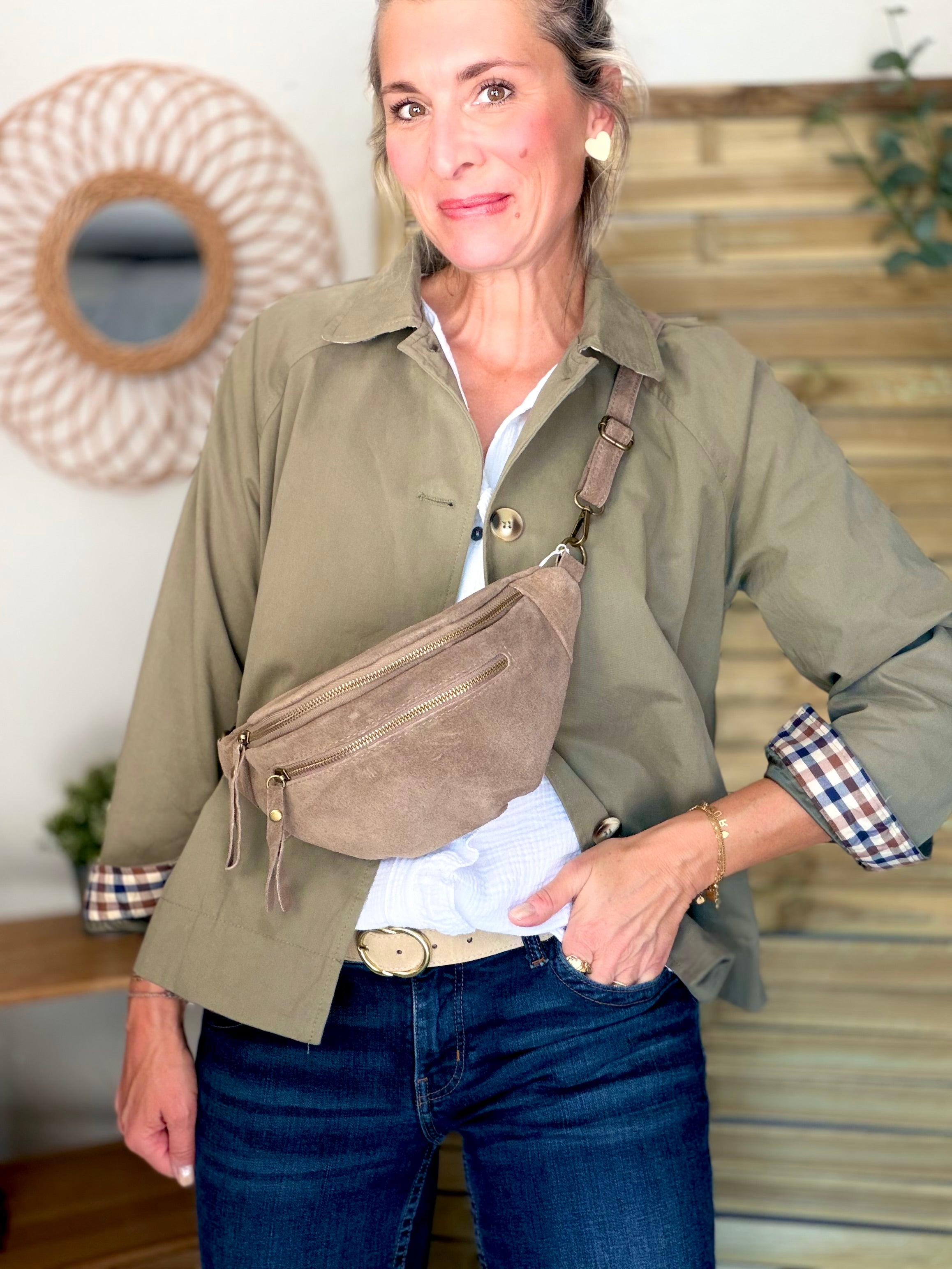 Sac banane double poche en cuir daim - OPALINE - Taupe