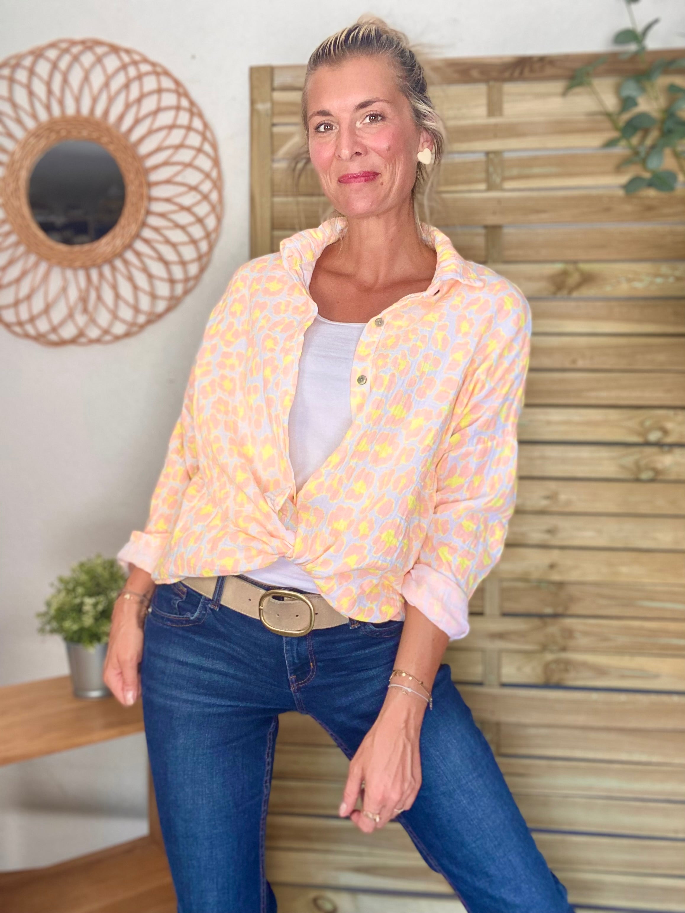 Chemise en gaze de coton imprimé Léo MARCIA - Orange