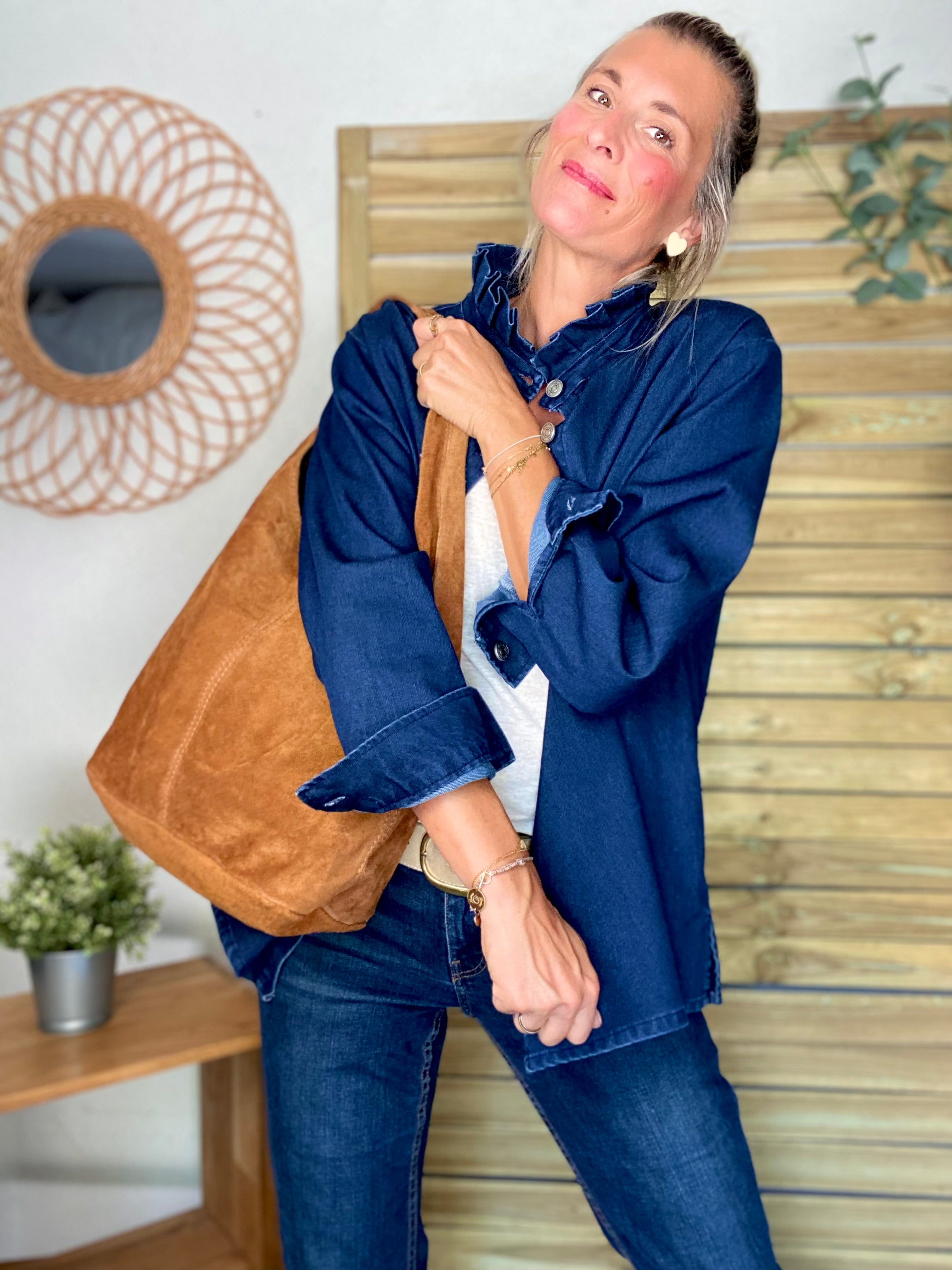 Veste / Chemise en coton, col victorien volanté Bleu Jean LISON