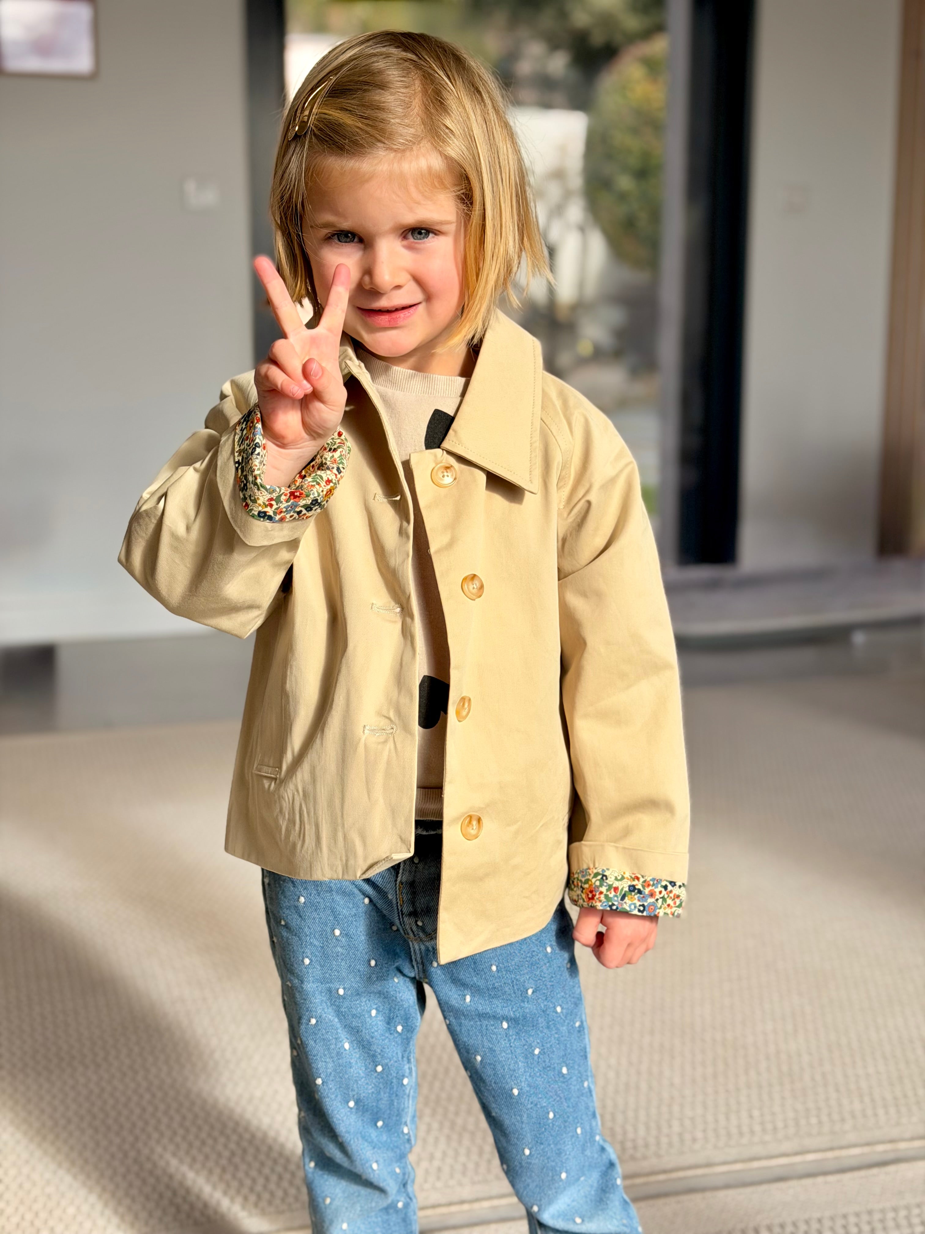 Veste Trench en coton beige avec Liberty - MARION (Taille 2 ans à la Taille L)