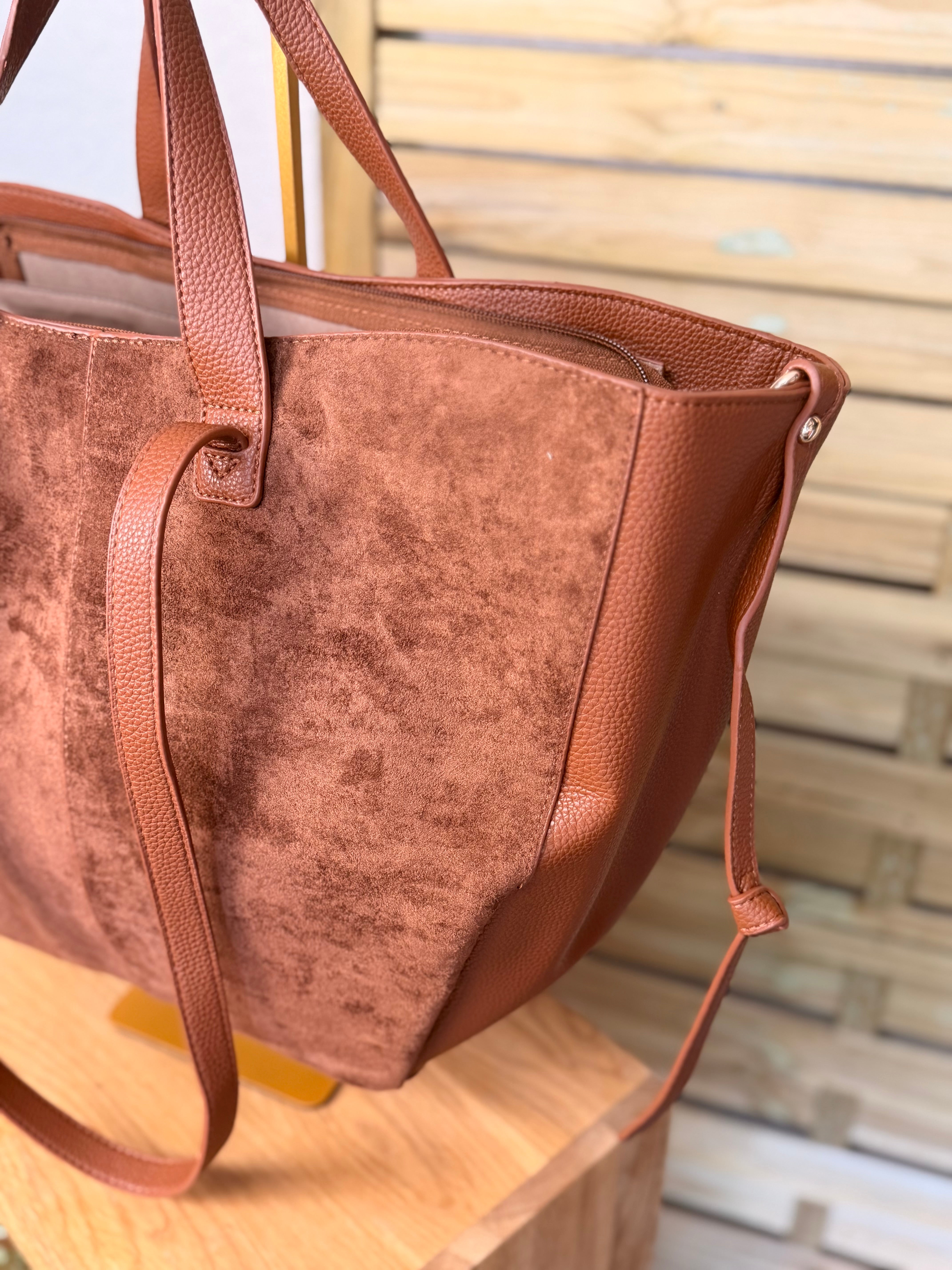 Grand Sac cabas 2 en 1 en simili daim - LAURÈNE Camel