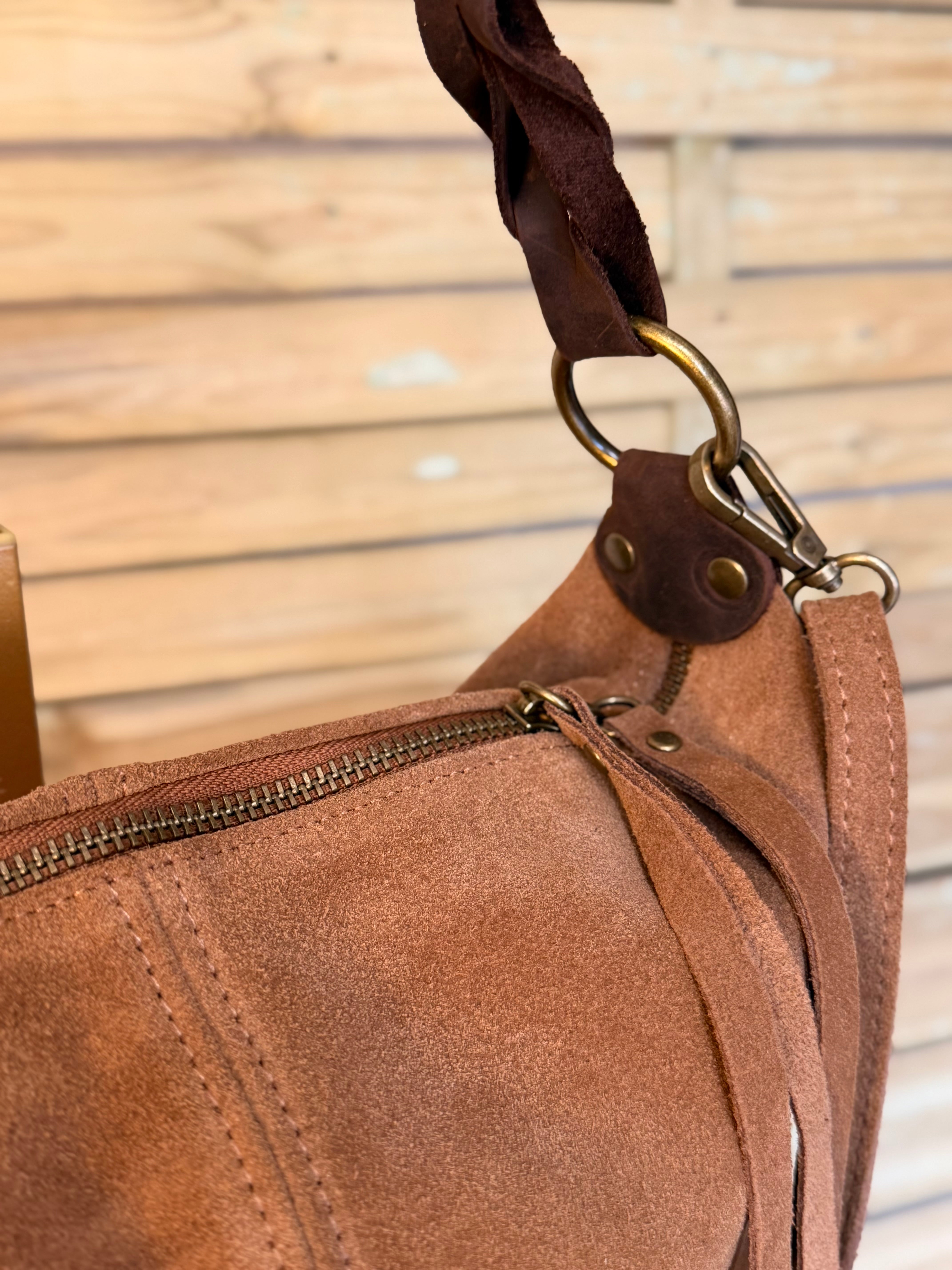 Sac hobo en cuir daim souple, double bandoulière ANDREW Camel clair