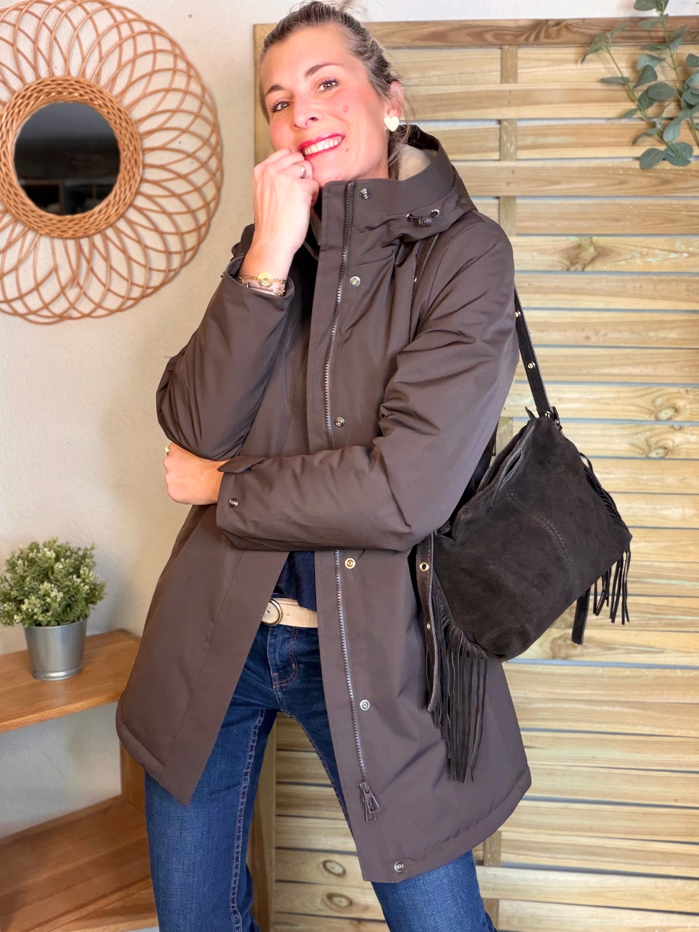 Sac en cuir daim avec franges LOGAN - Chocolat