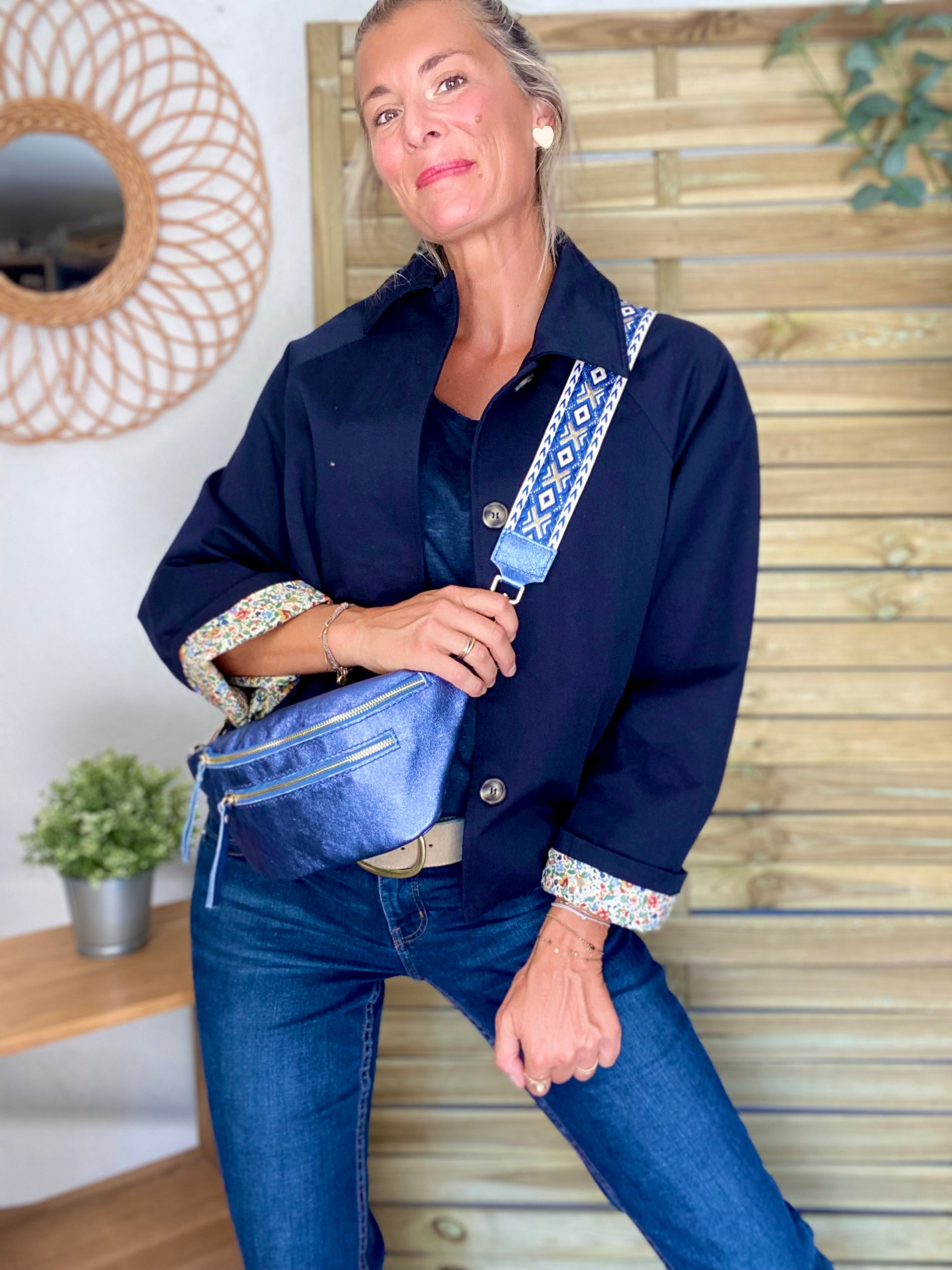 Veste Trench en coton bleu marine avec Liberty - MAHAUT