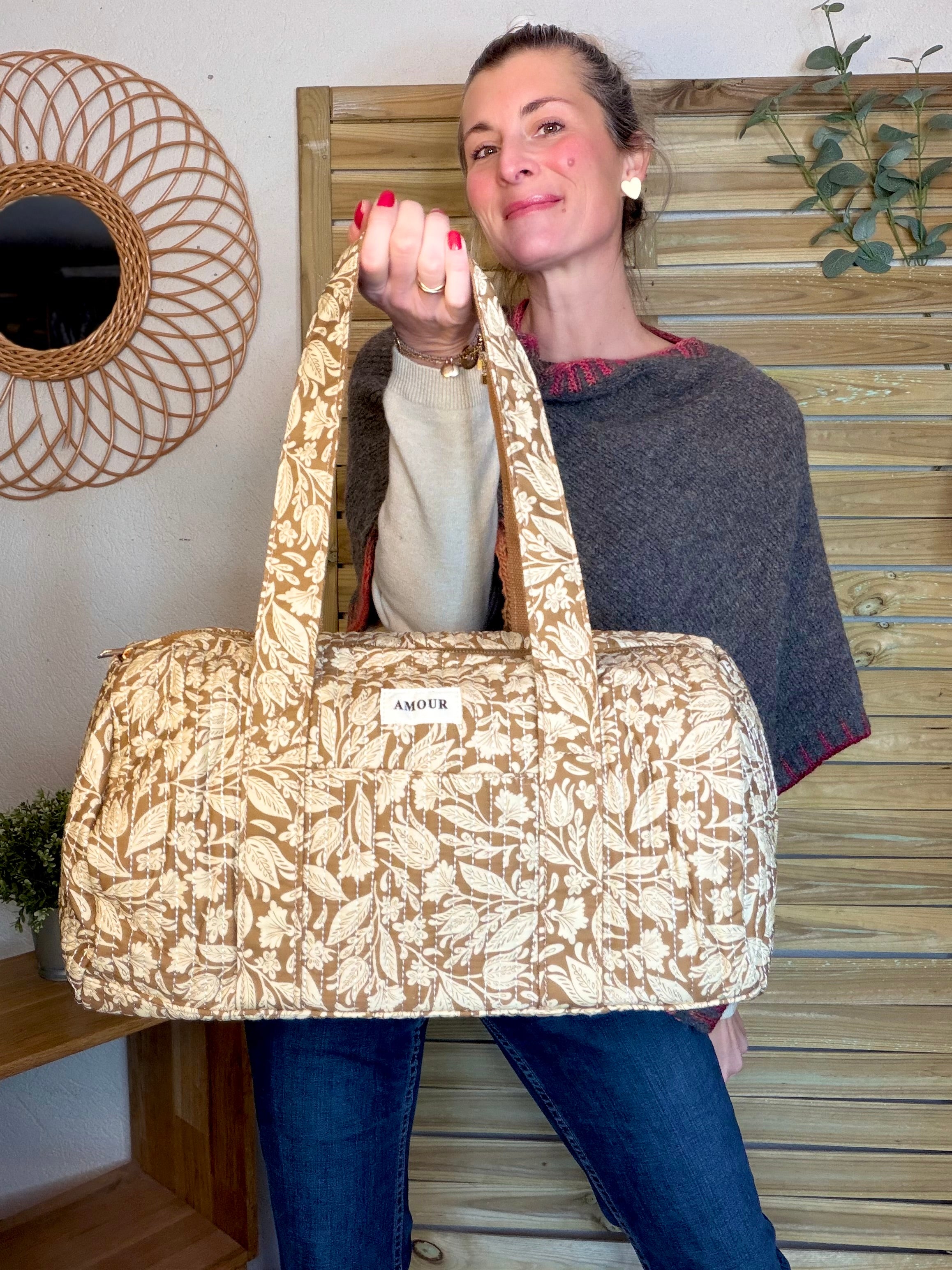 Sac polochon imprimé TARA - Fleuri Camel
