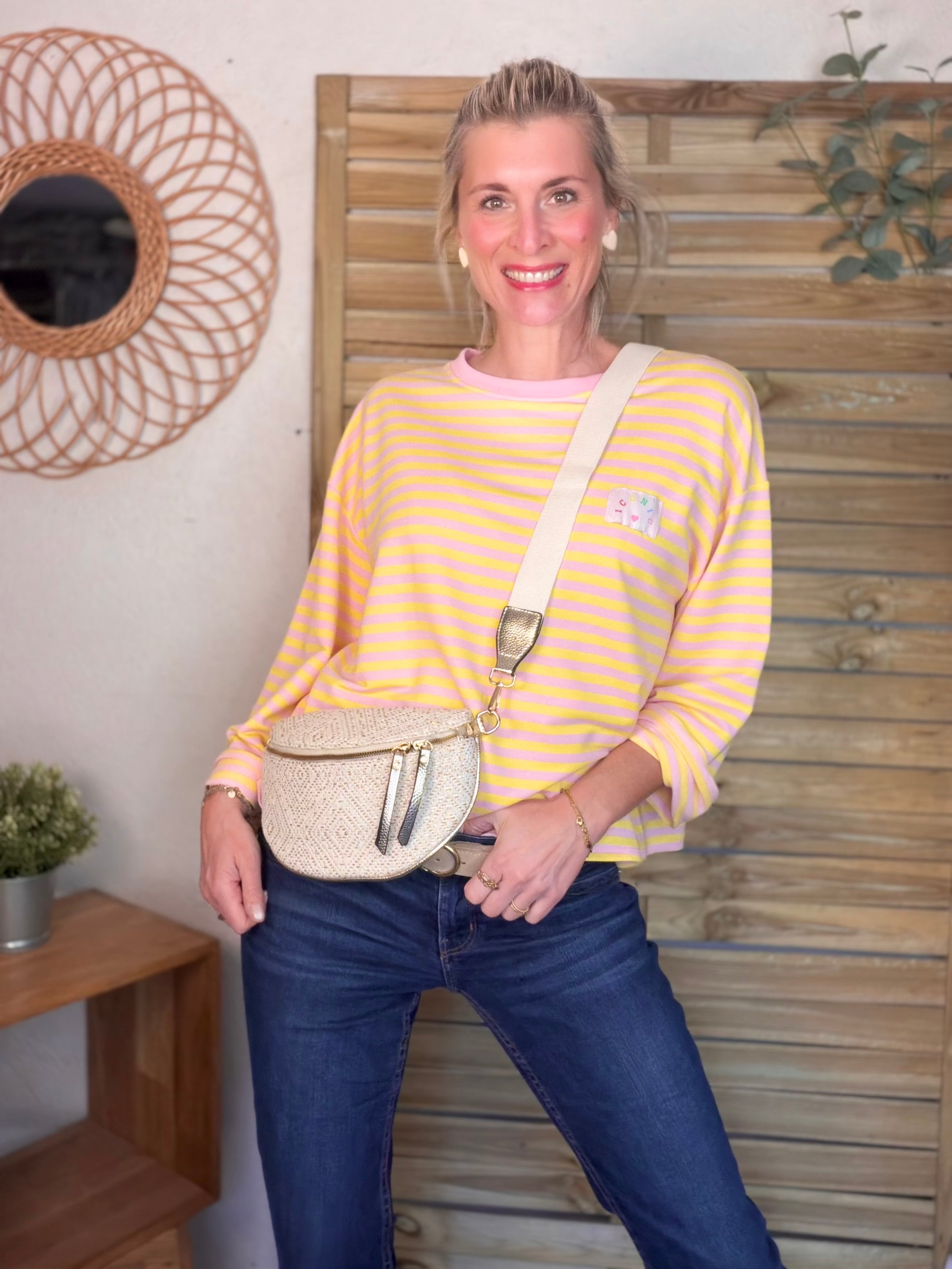 Sweat fin rayé ample Iconic CORALIE - Rose / Jaune