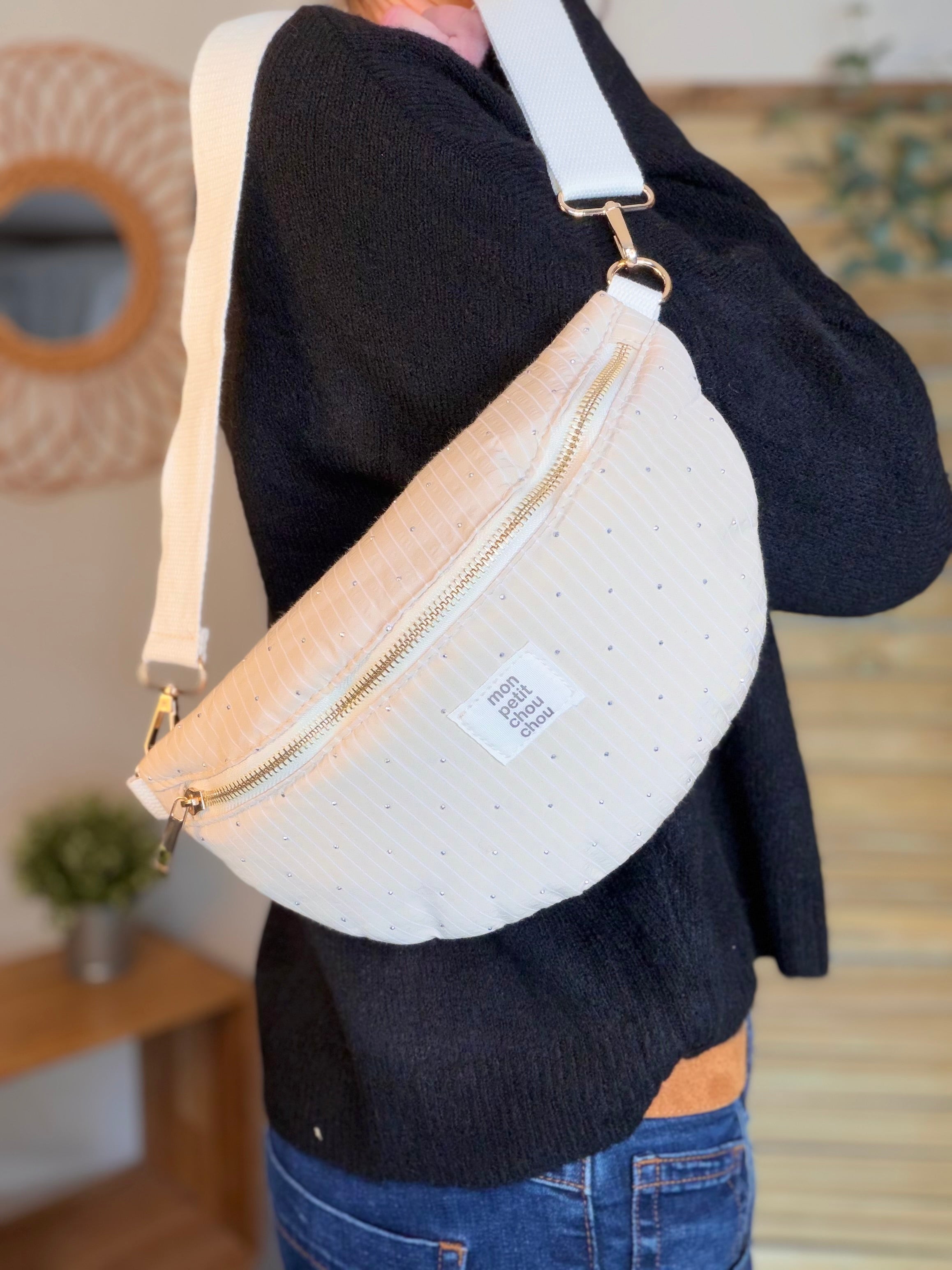 Sac banane avec strass BONNIE - Rayée beige