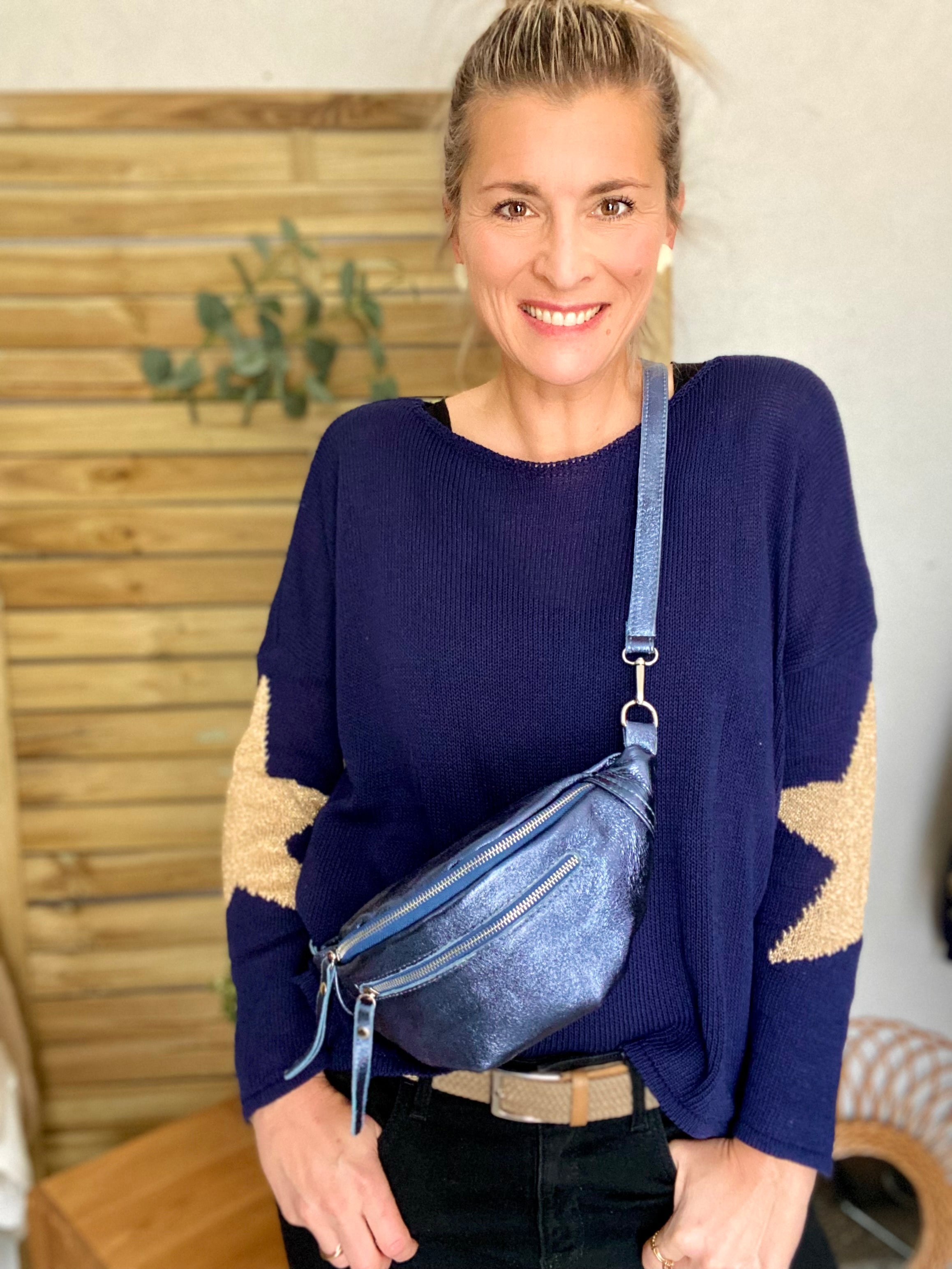 Sac banane en cuir irisé double poche - OPALE  - Bleu jean