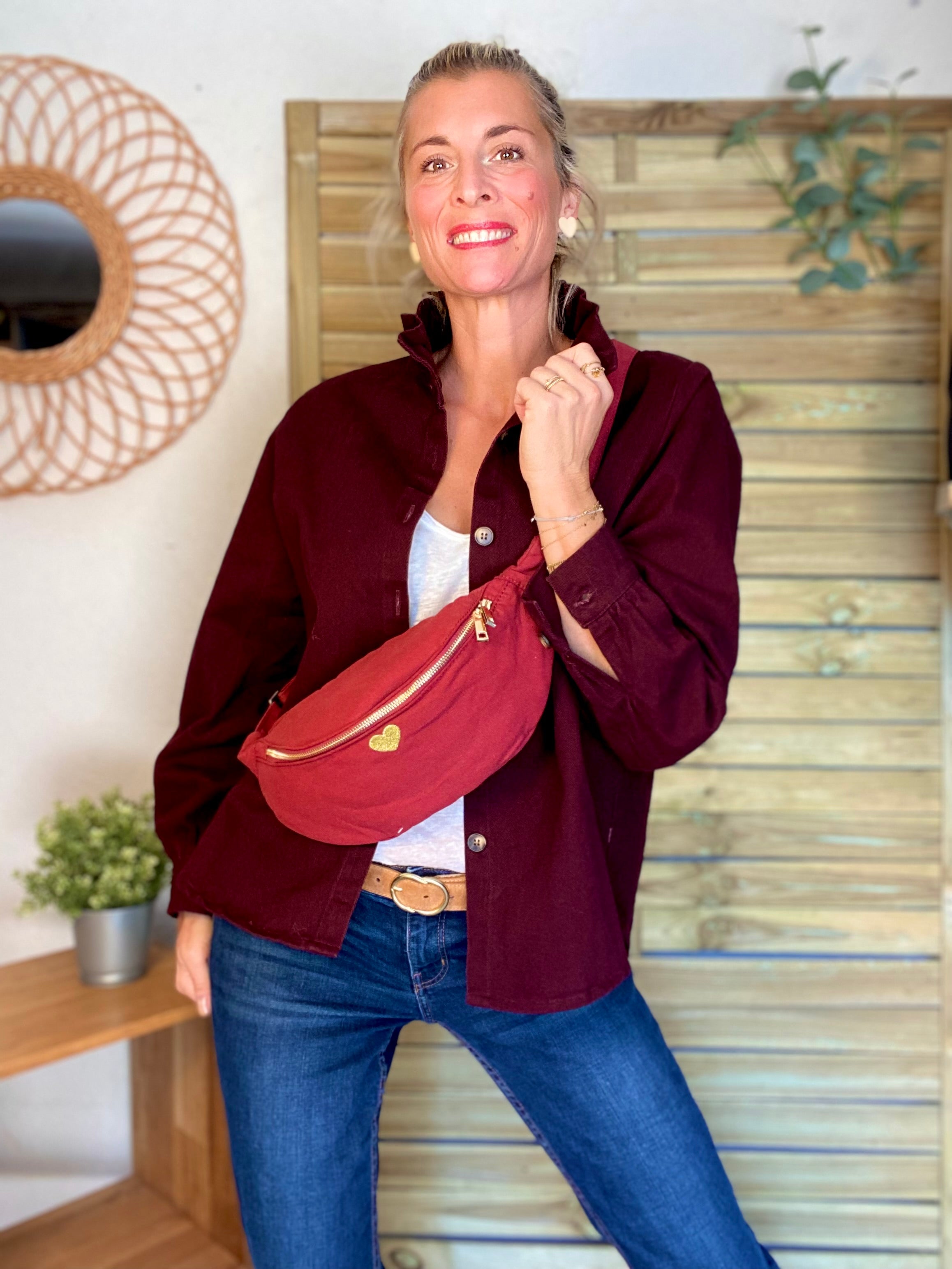 Veste / Chemise en coton, col victorien volanté LISA - Prune