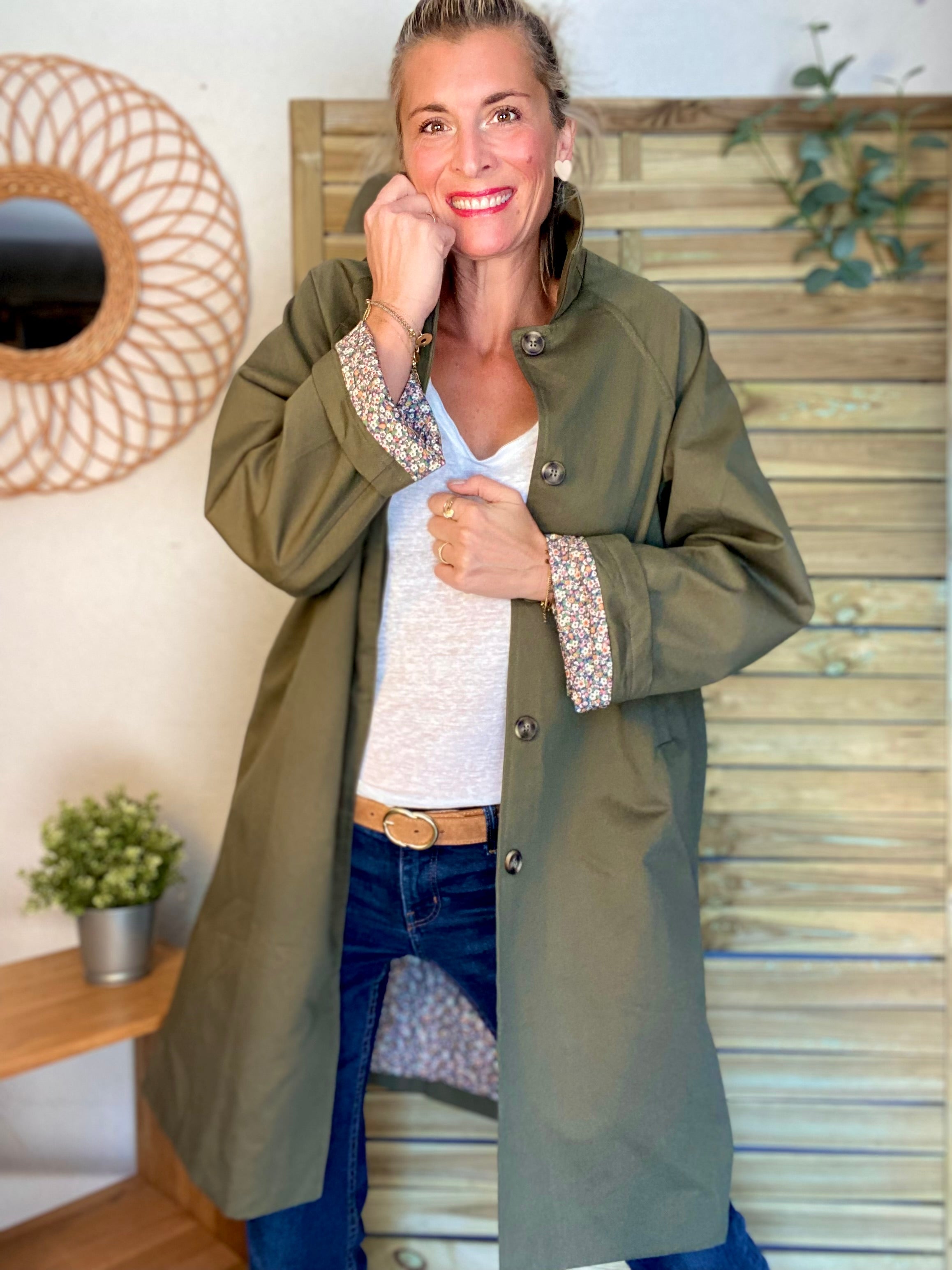 Veste Trench en coton kaki avec Liberty - MAHAUT LONG
