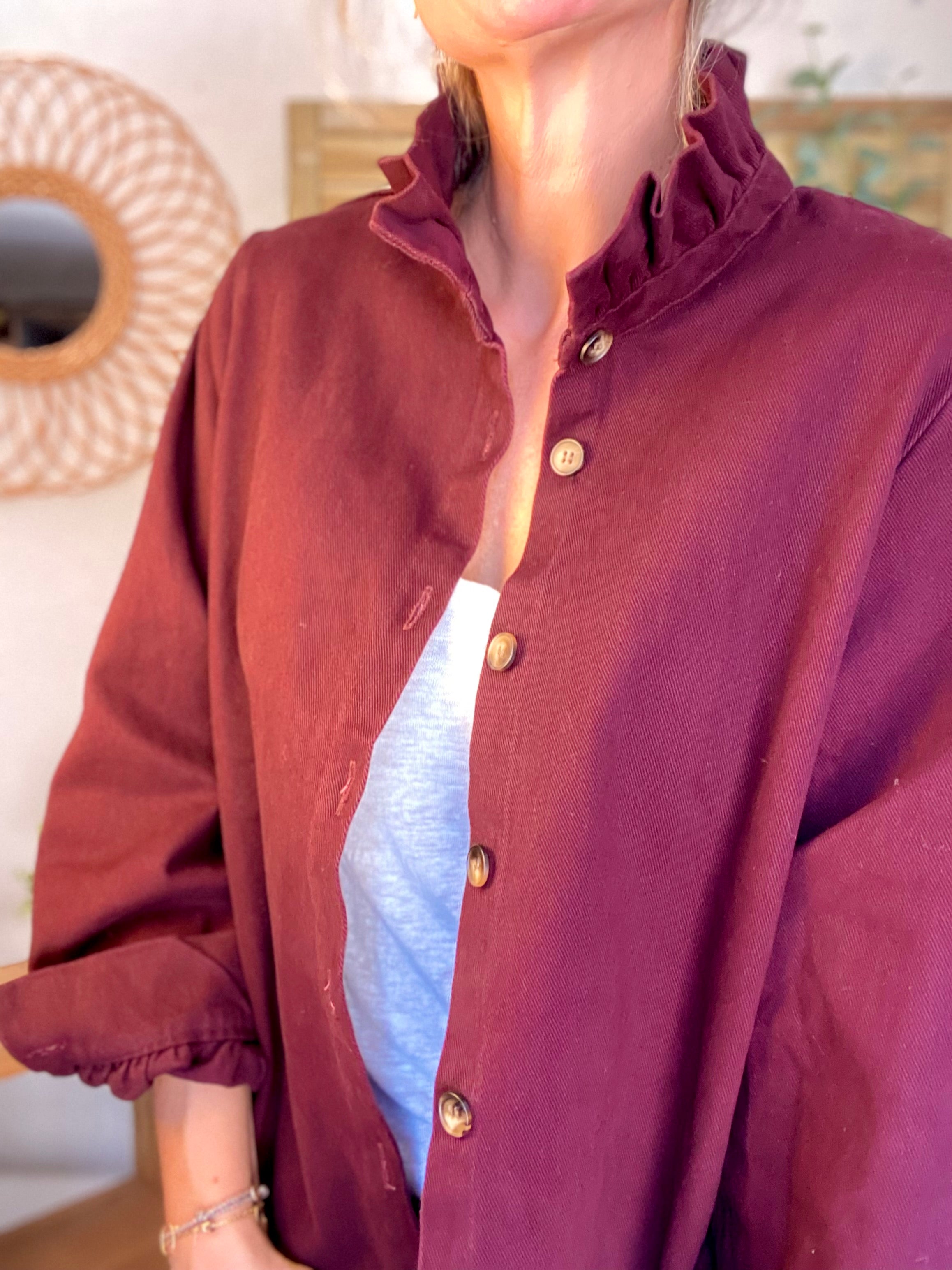 Veste / Chemise en coton, col victorien volanté LISA - Prune
