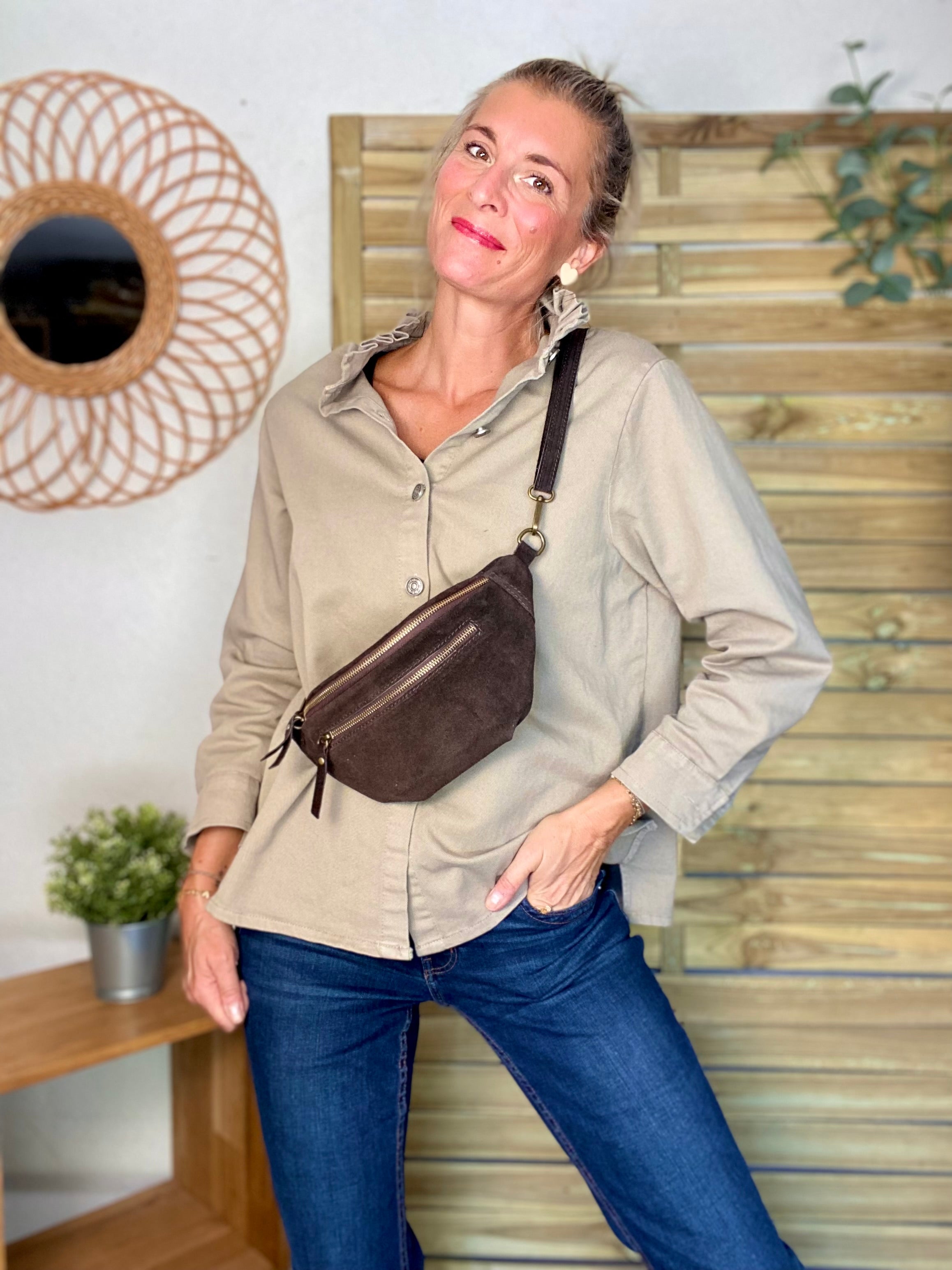 Veste / Chemise en coton, col victorien volanté Beige taupe LISON