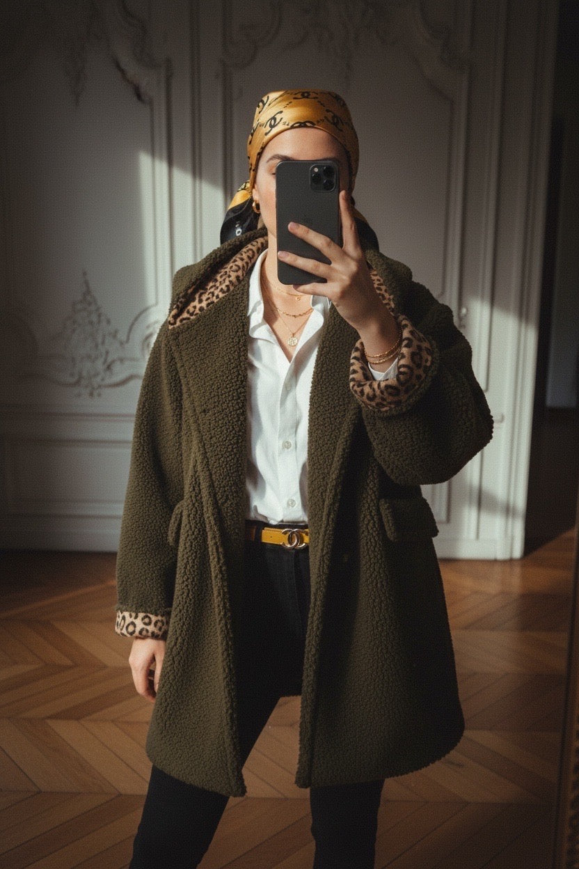 Manteau sherpa (bouclette) APOLLINE avec détails Léo - Kaki - SOLDES