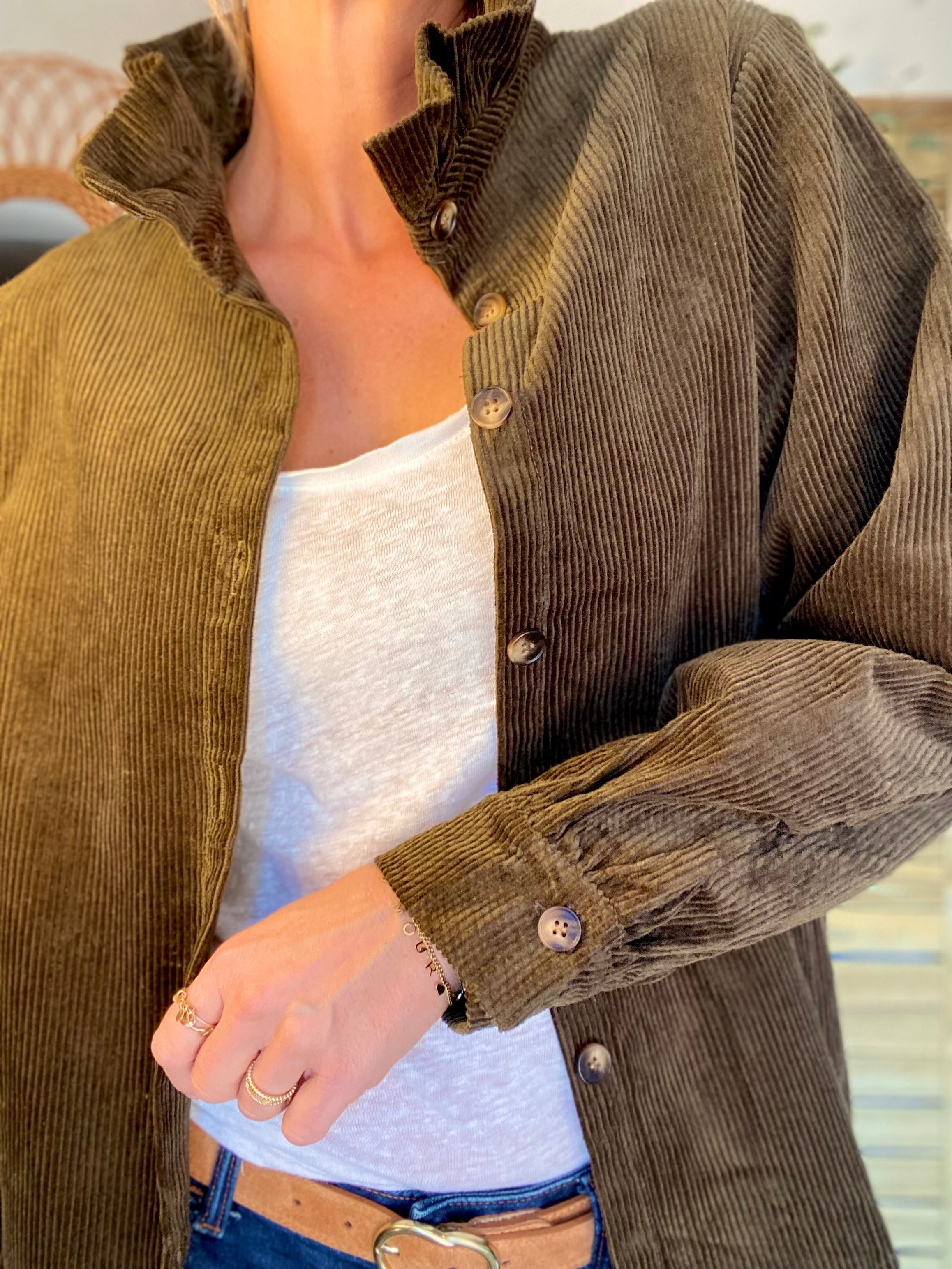 Veste / Chemise en coton, col victorien volanté YVONNE - Velours Kaki
