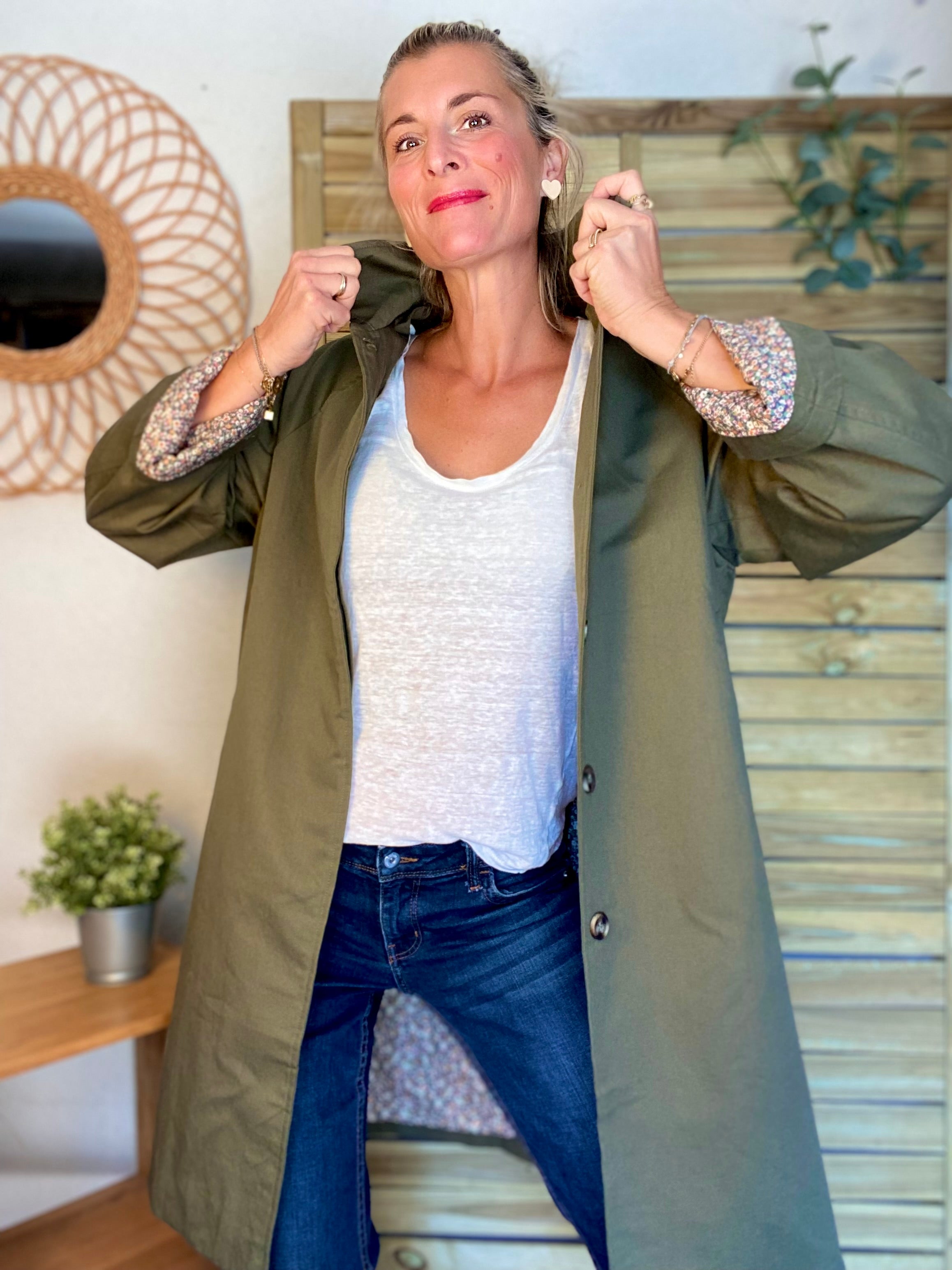 Veste Trench en coton kaki avec Liberty - MAHAUT LONG