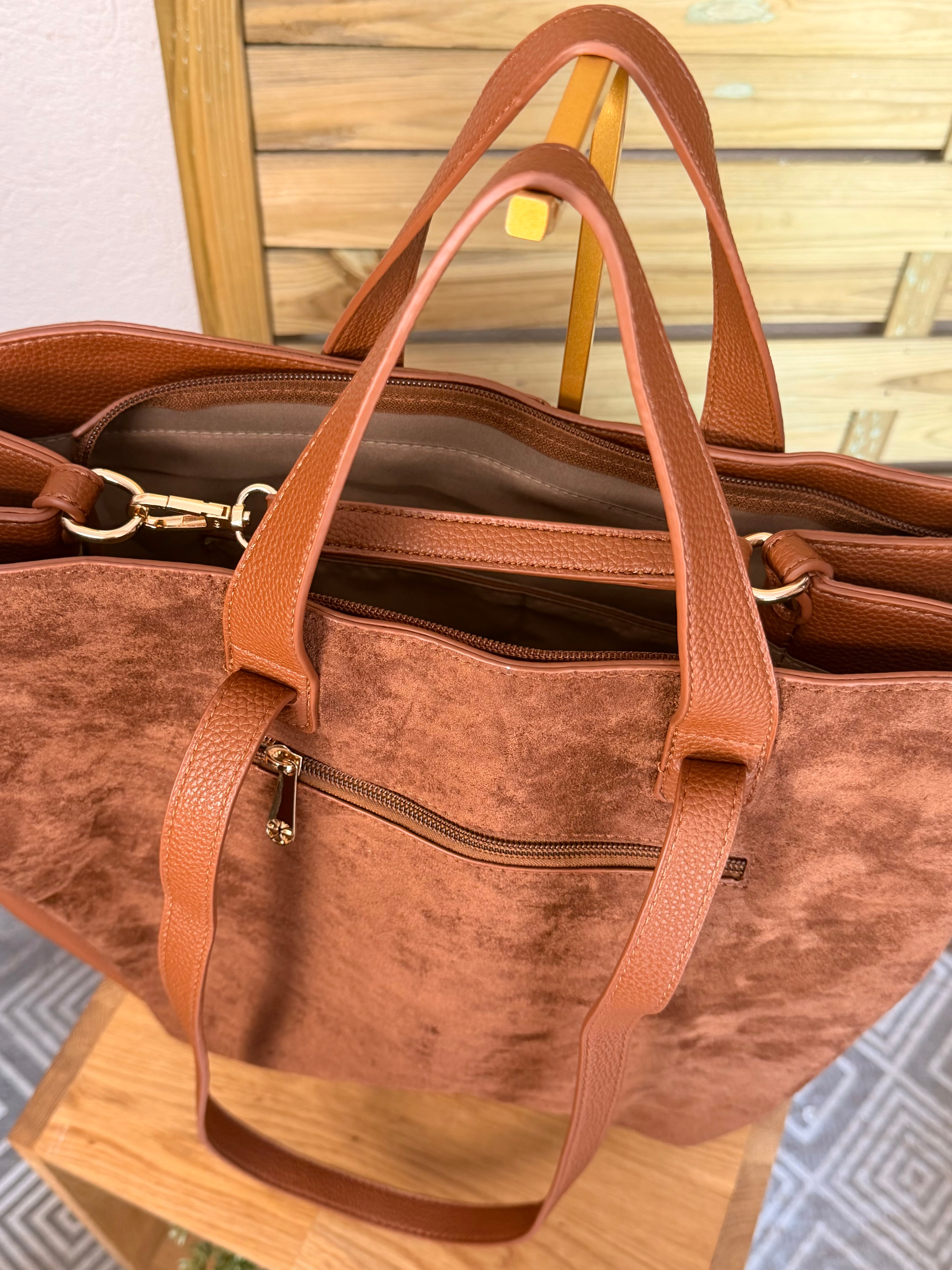 Grand Sac cabas 2 en 1 en simili daim - LAURÈNE Camel