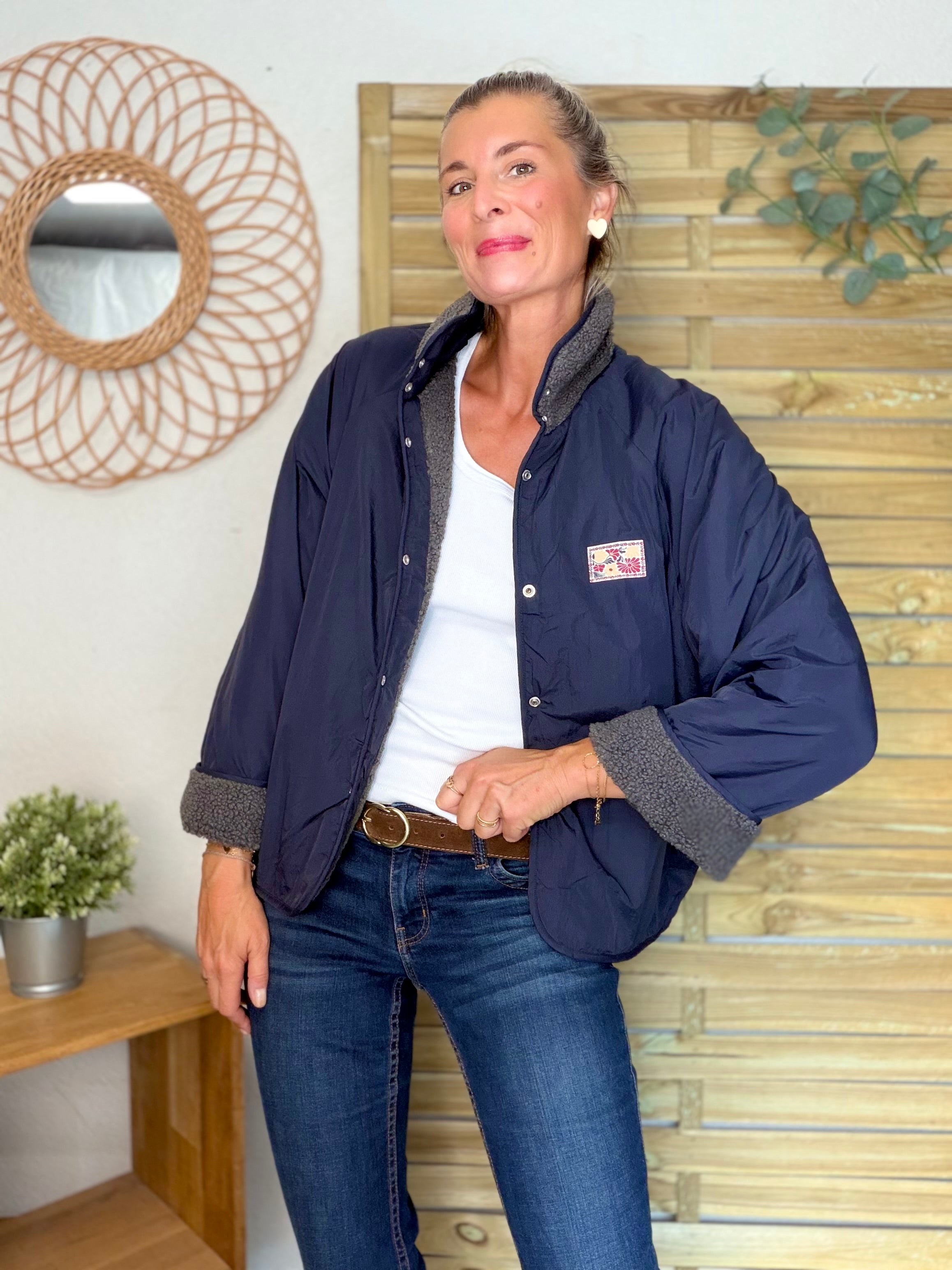 Veste matelassée réversible Sherpa AMÉLIE Bleu marine / Gris