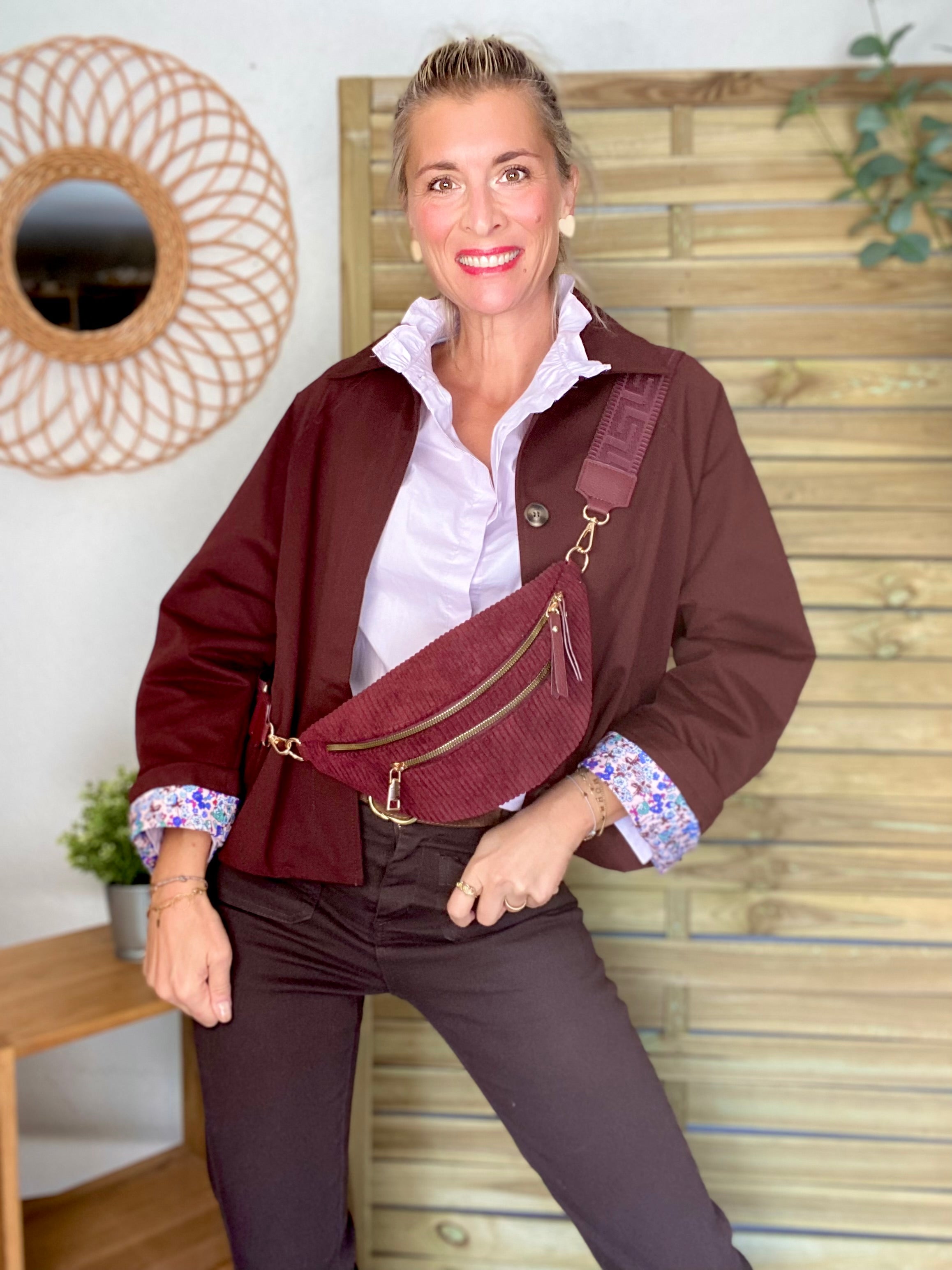 Veste Trench en coton bordeaux foncé avec Liberty - MAHAUT