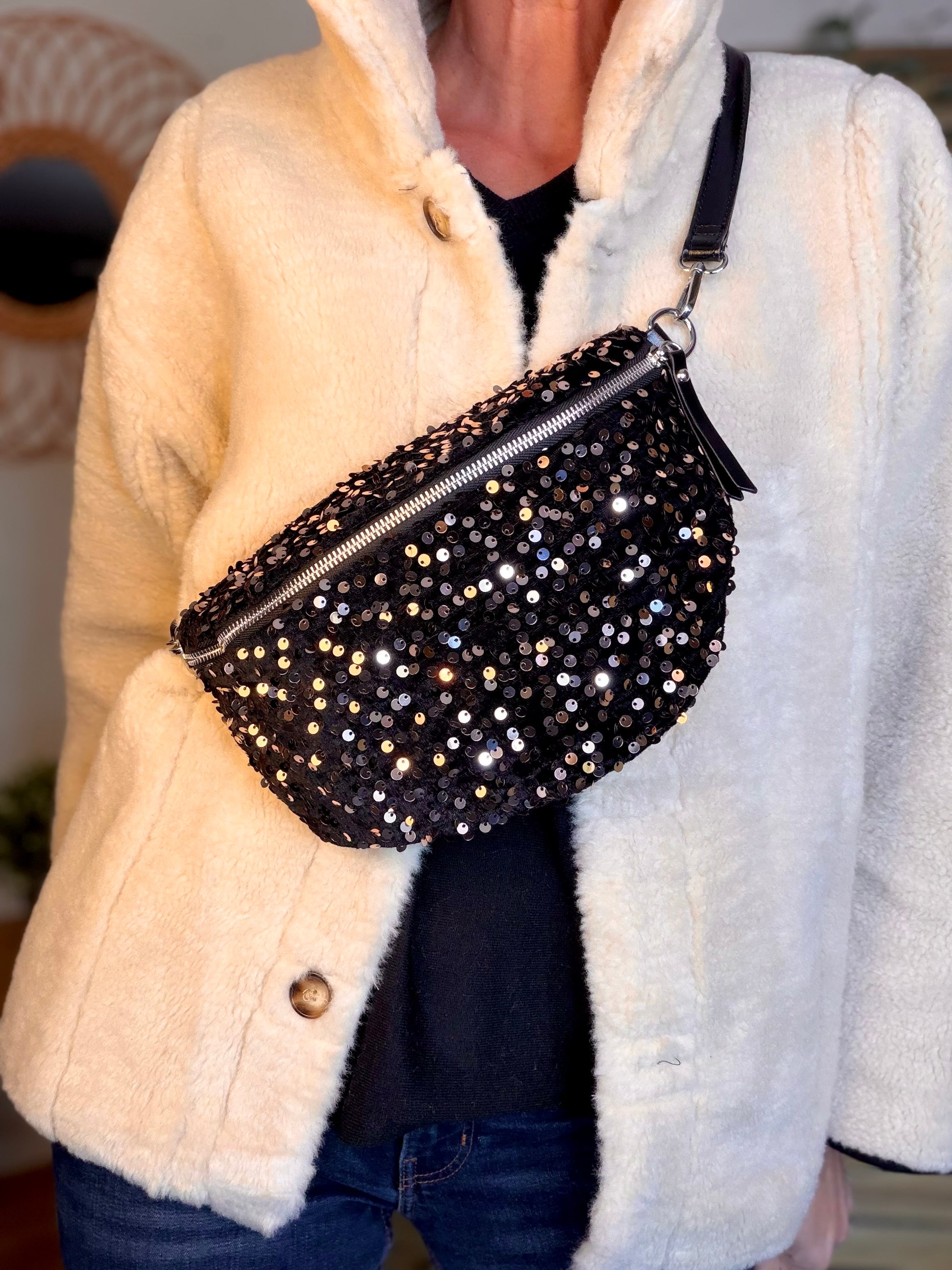 ⚡️ PÉPITES FRIDAY - Sac banane velours à sequins CARLY - Noir / doré rosé