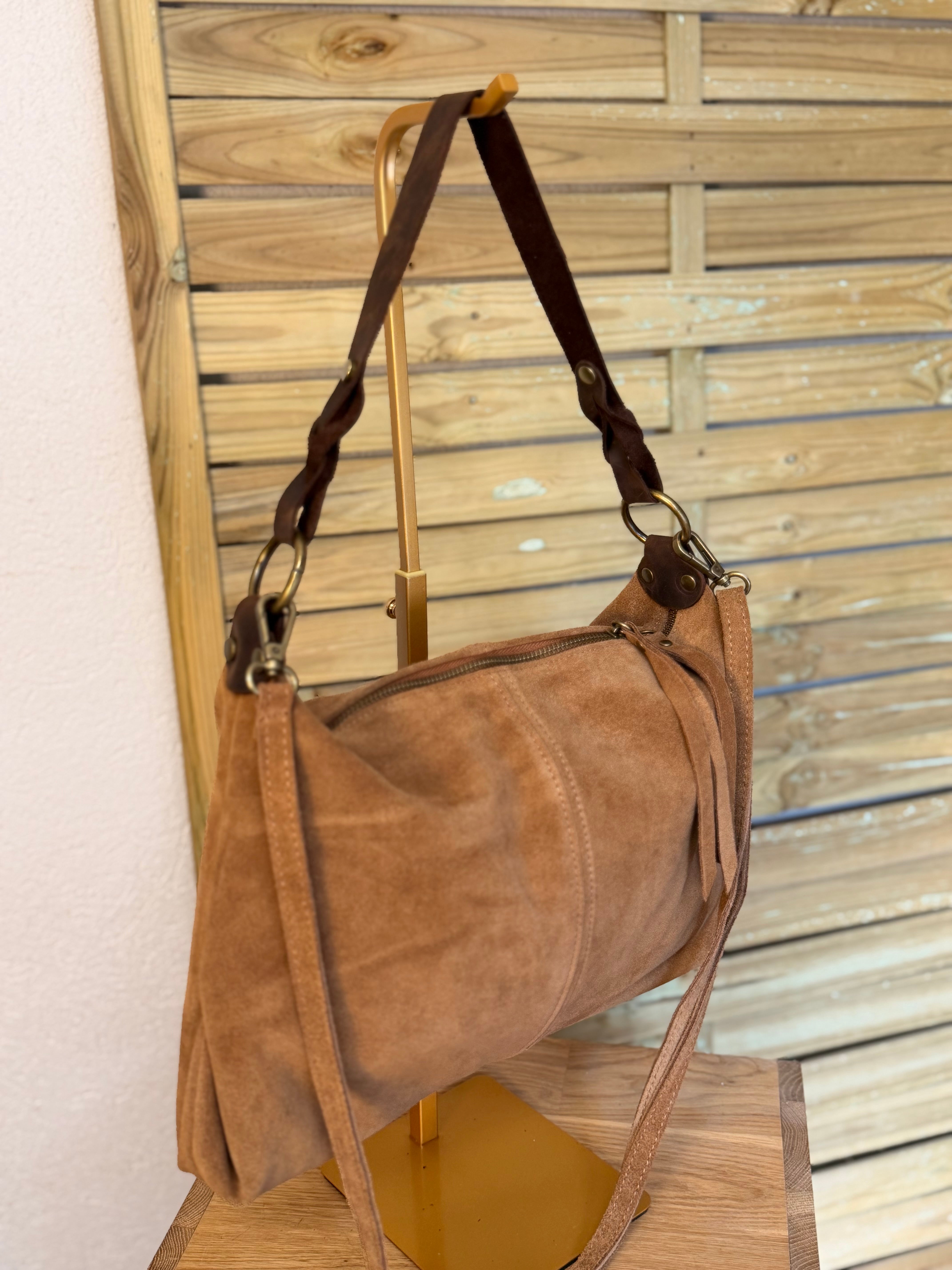 Sac hobo en cuir daim souple, double bandoulière ANDREW Camel clair