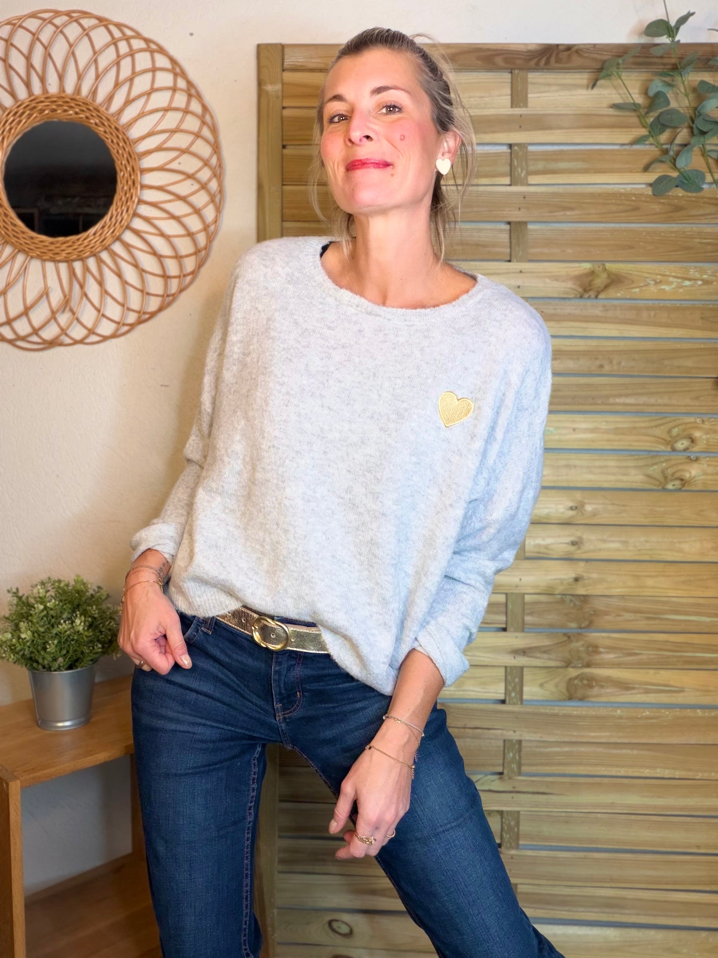 Pull léger en maille cœur doré brodé 💛 MELISSA - Gris chiné