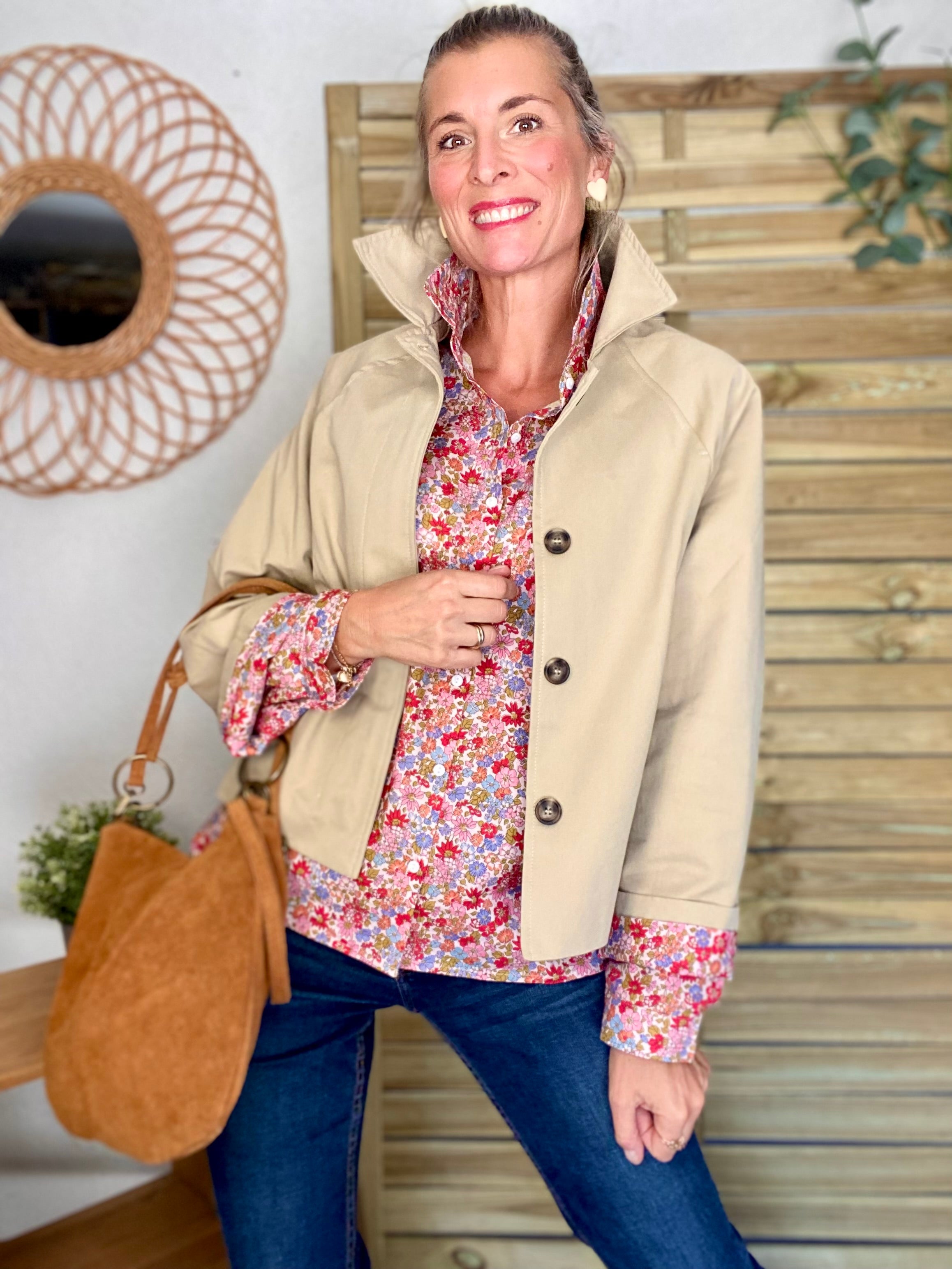 Veste Trench en coton beige avec Liberty - MAHAUT
