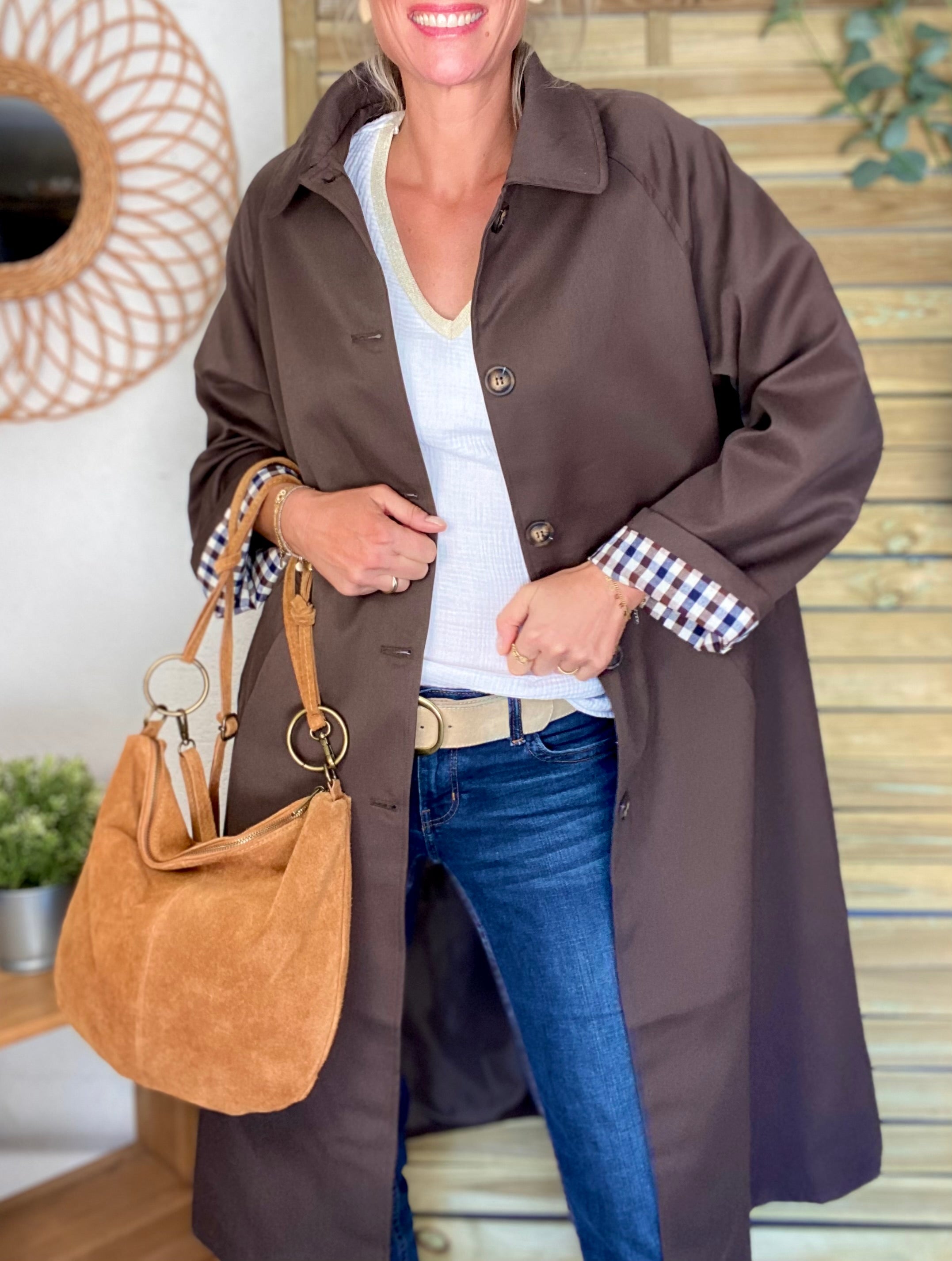 Veste Trench en coton avec vichy - YSEULT long Chocolat