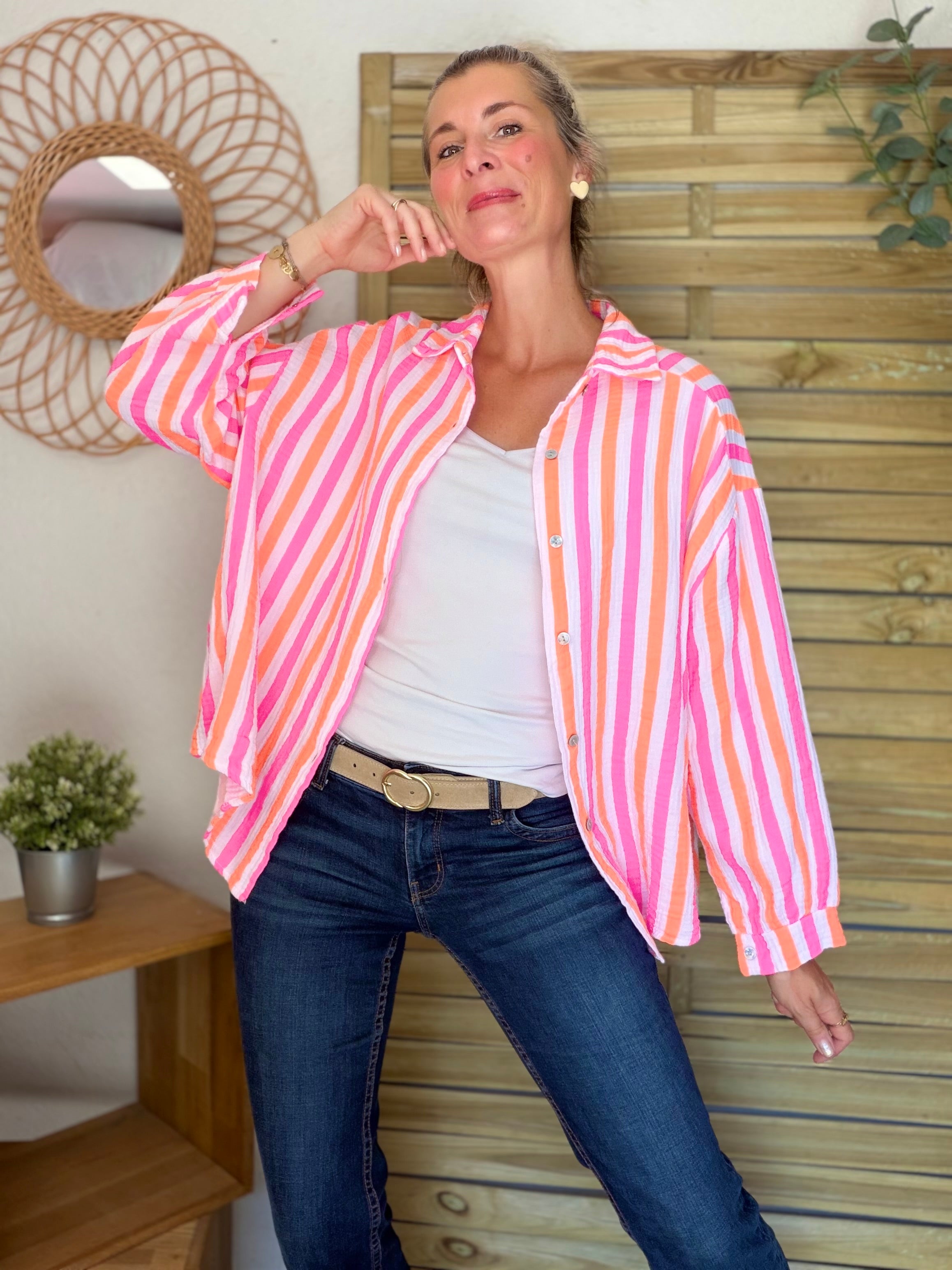 Chemise en gaze de coton rayée FÉLICIE Fluo Blanc