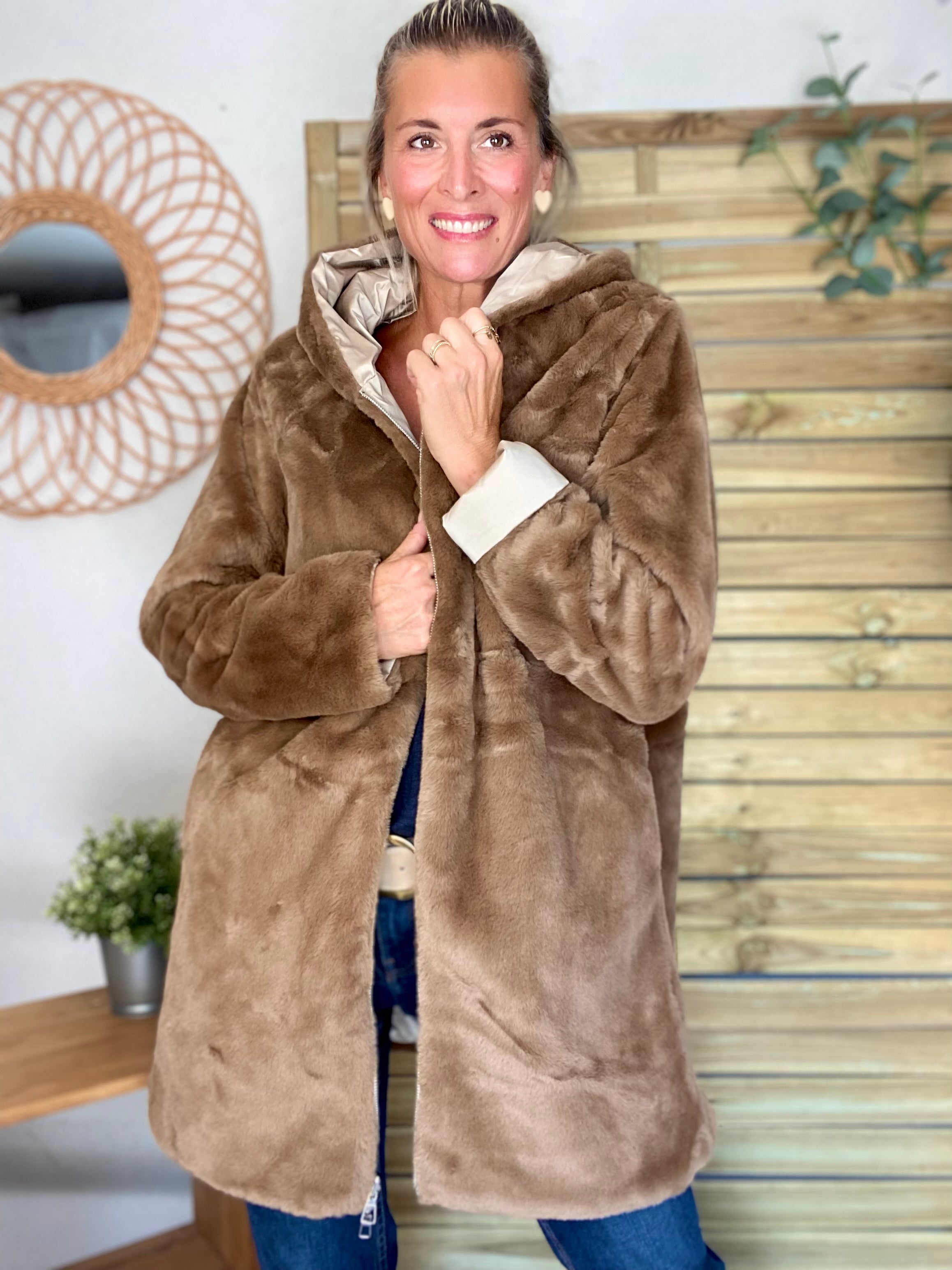 Parka Imperméable réversible fourrée Sable irisé / Camel ALIX - LAURA JO