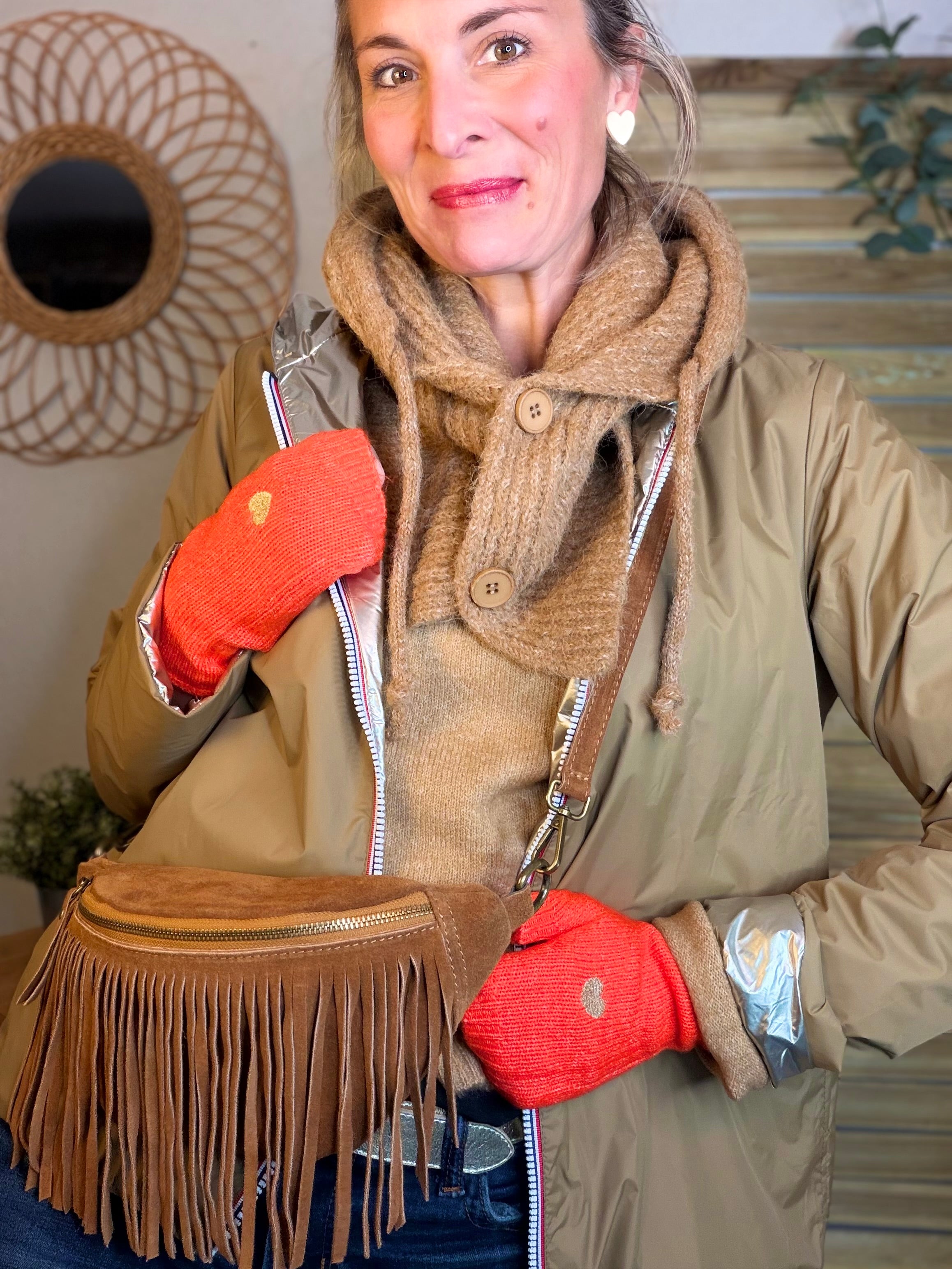 Col cagoule LORIE en maille avec bouton - Camel