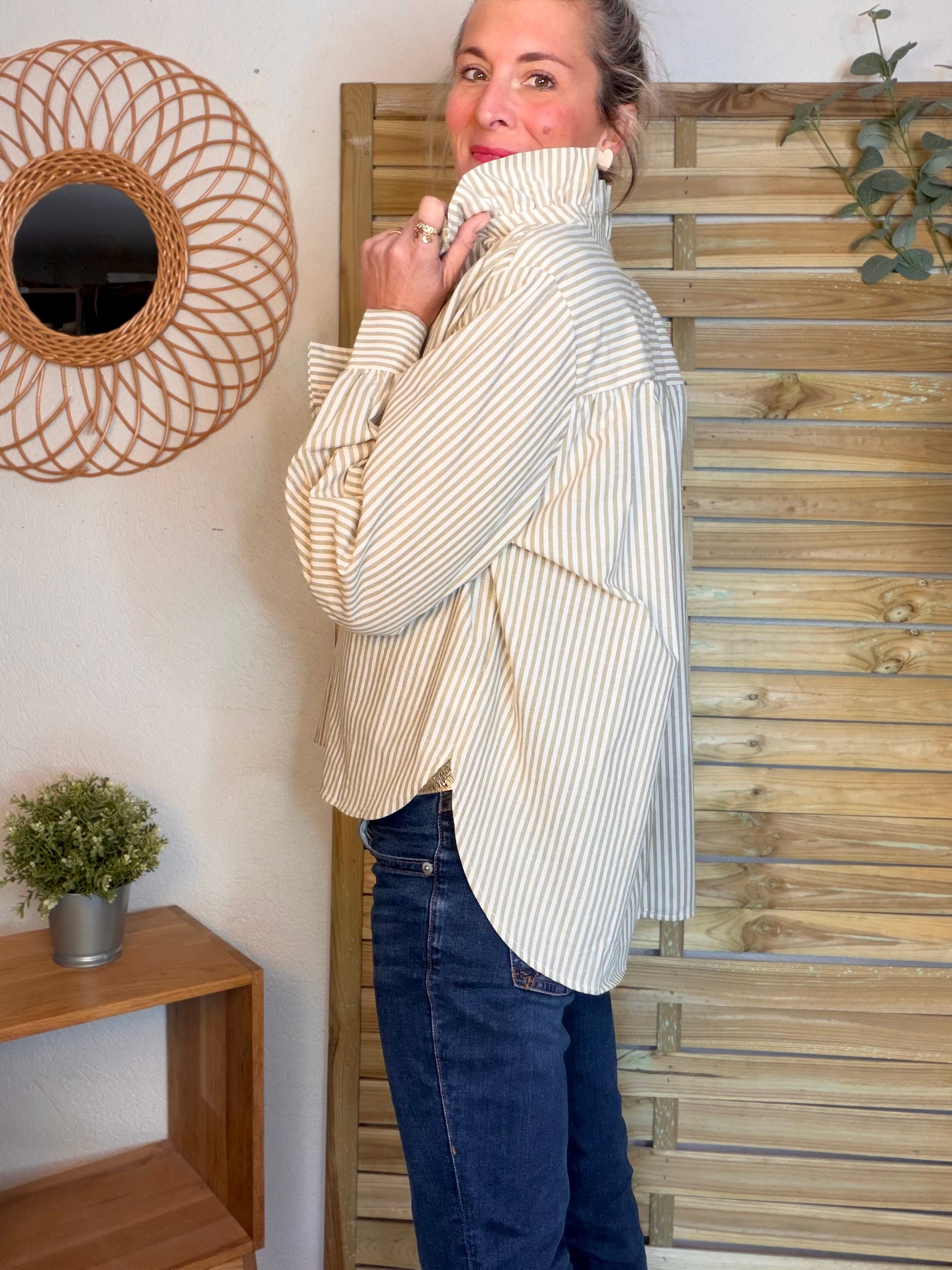 Chemise en coton rayée col victorien BRIGITTE - Kaki clair