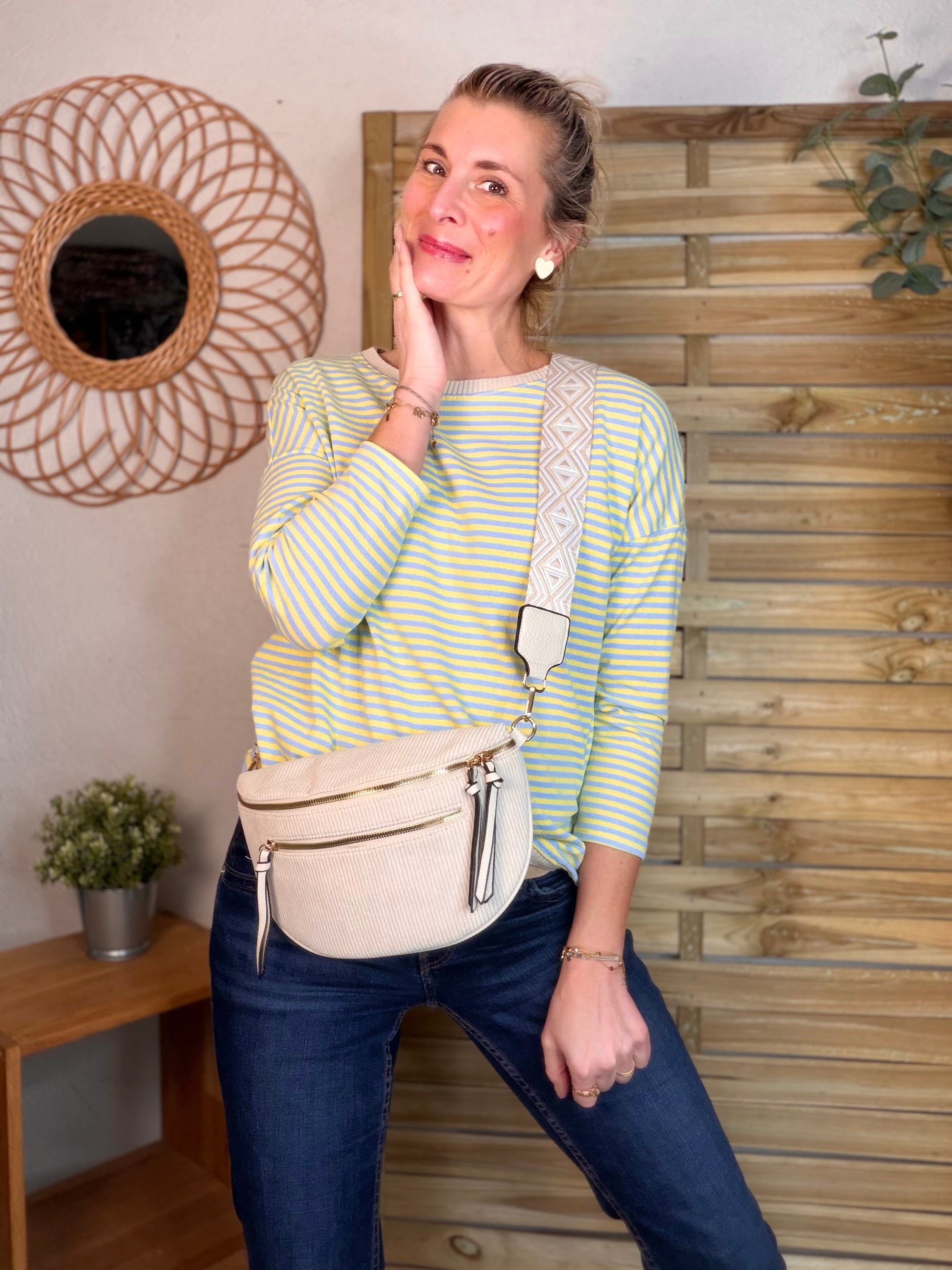 Sac banane en velours côtelé, sangle fantaisie - KATY - Beige clair