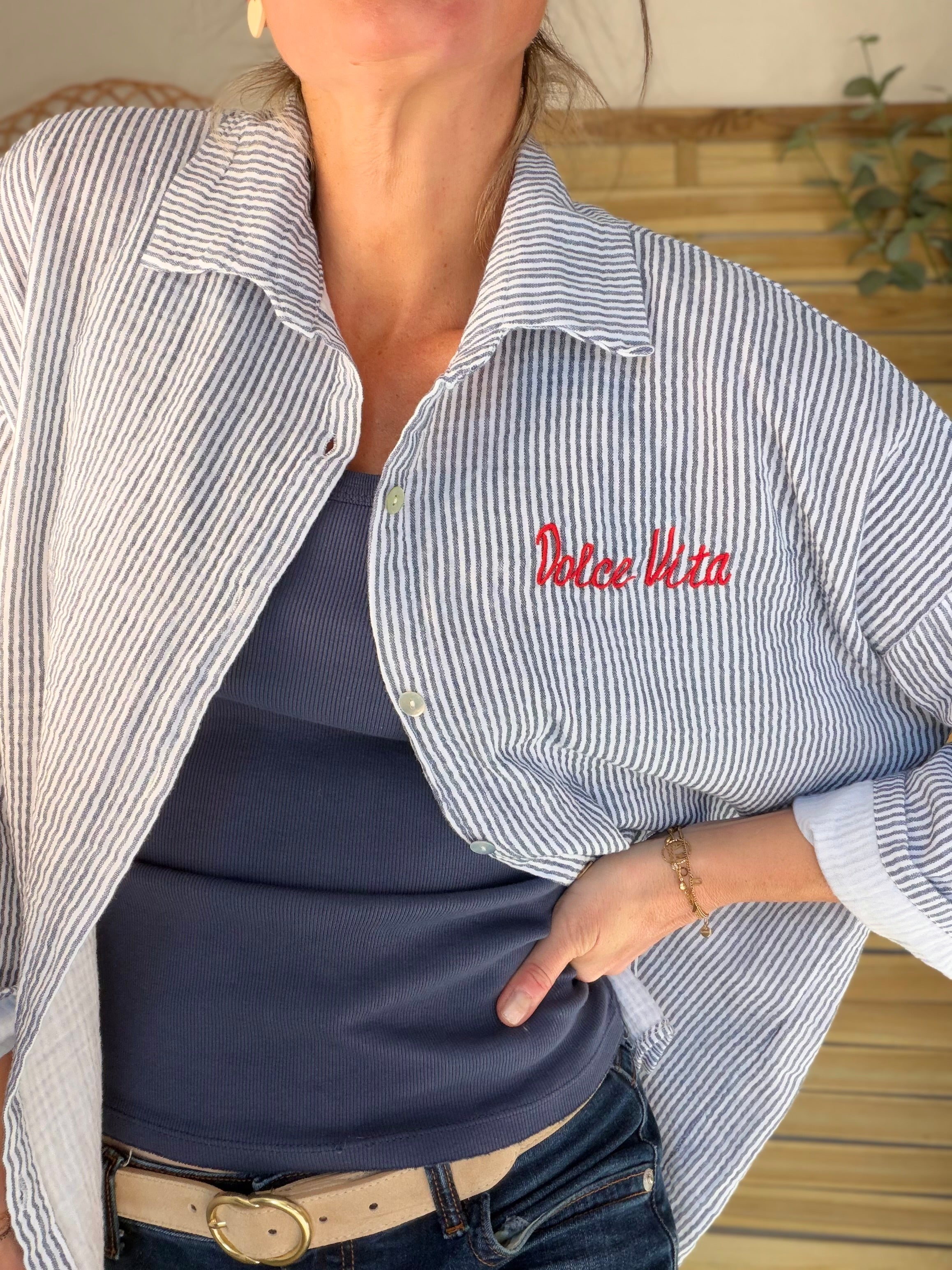 Chemise en gaze de coton brodé Dolce Vita LEÏLA Bleu