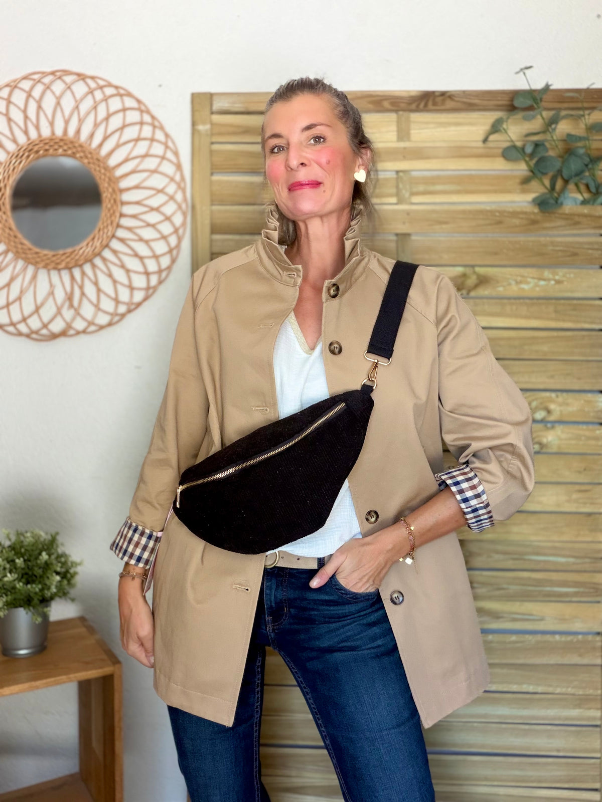 Veste Trench mi-long col victorien avec carreaux - ANDY Beige taupe