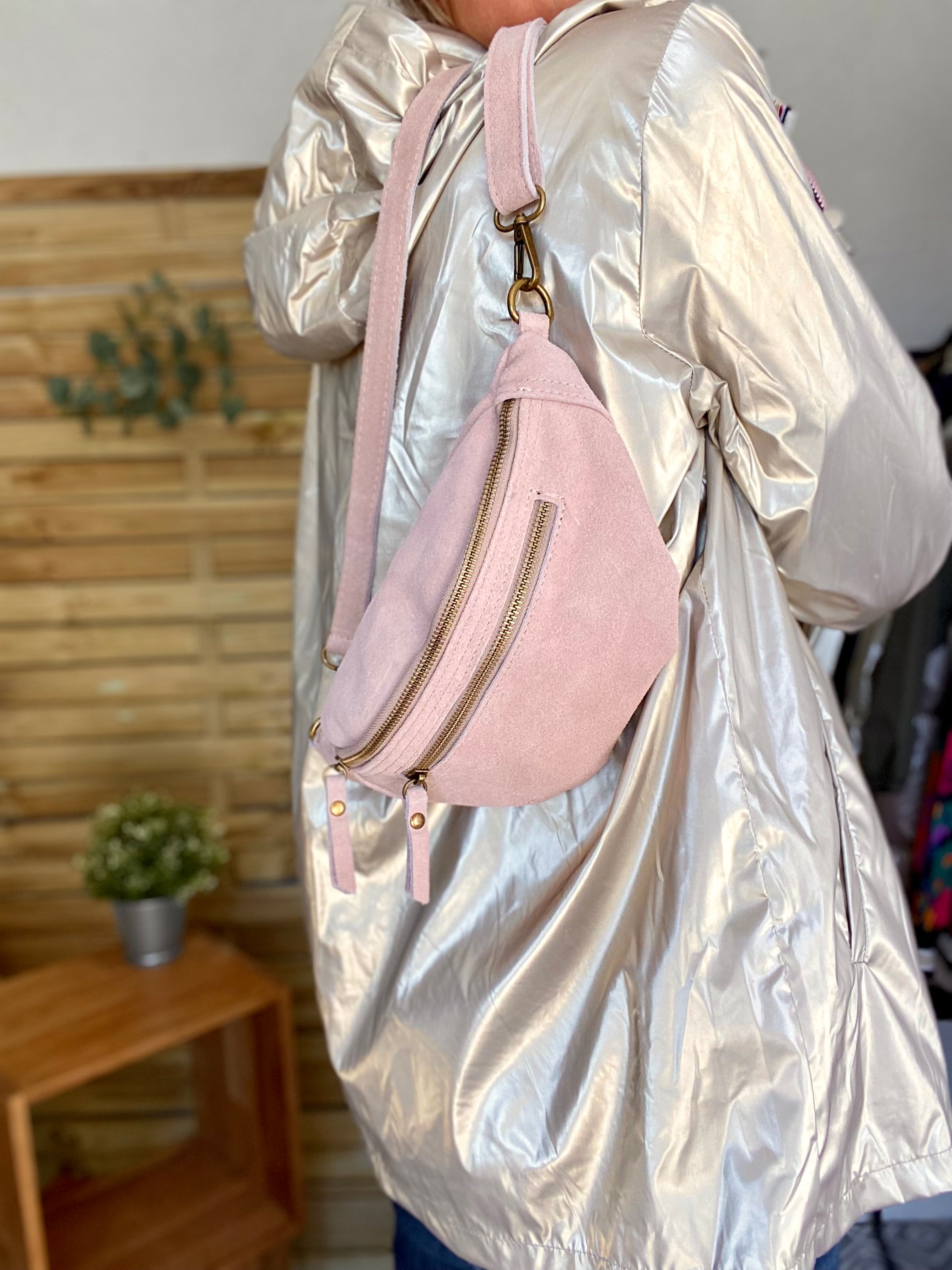 Sac banane double poche en cuir daim - OPALINE - Rose clair / Vieux rose (14 coloris)