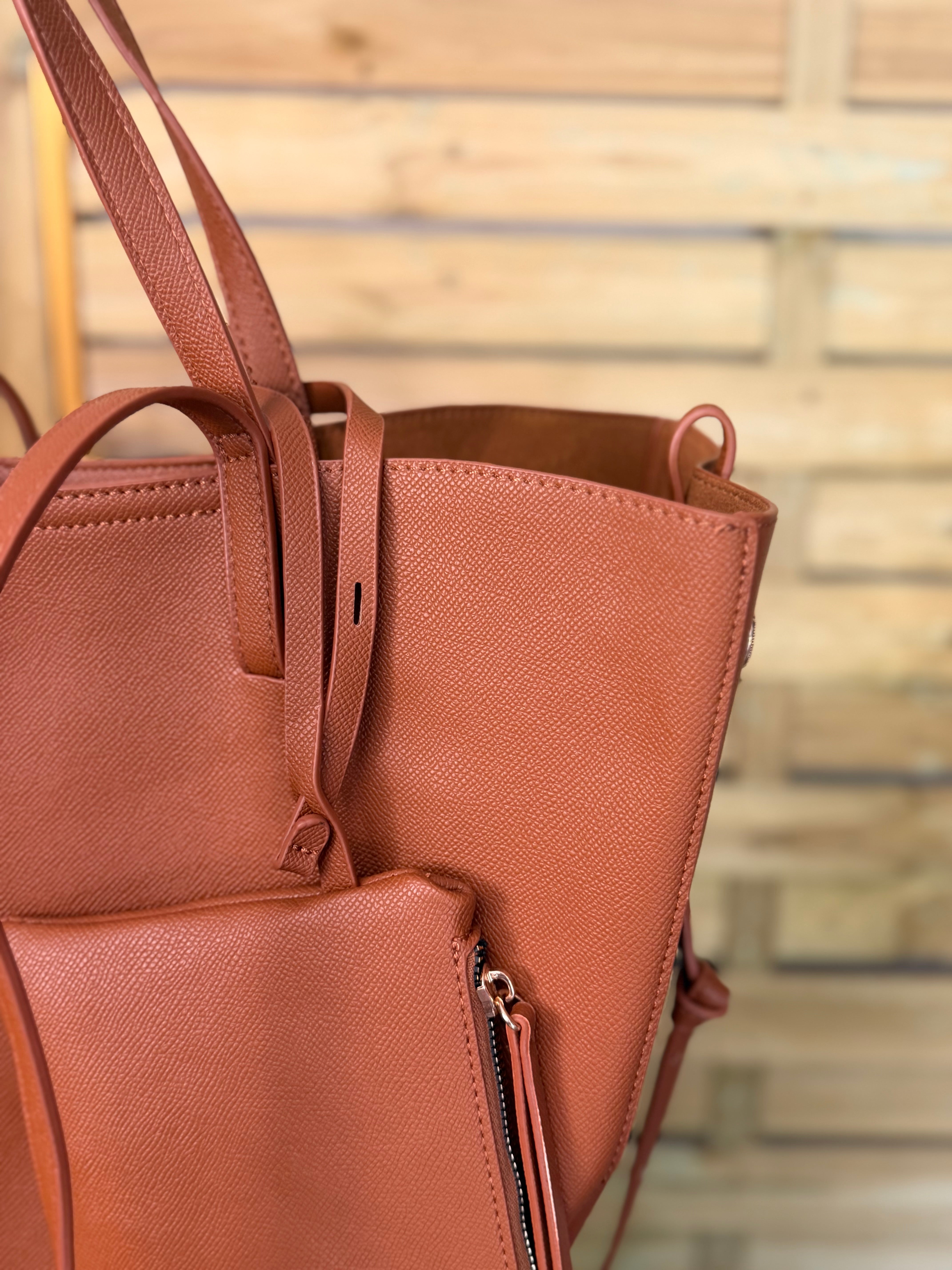 Grand Sac cabas 2 en 1 en simili cuir grainé - PAULE Camel