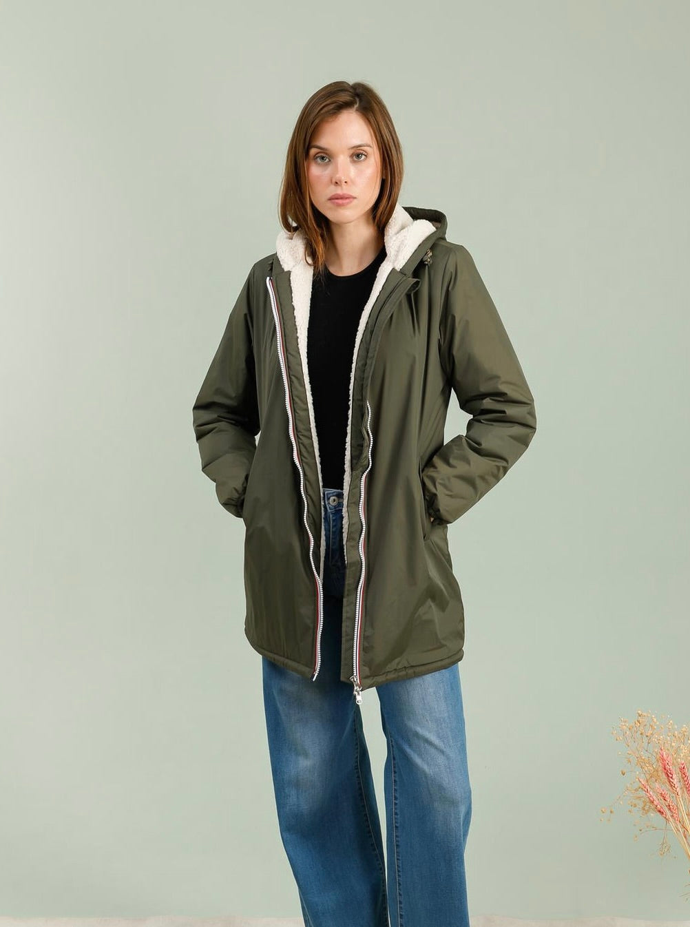 PRÉCOMMANDE (expédition 16/12) - Parka Imperméable LOUISE LONG Sherpa écru - Kaki - LAURA JO
