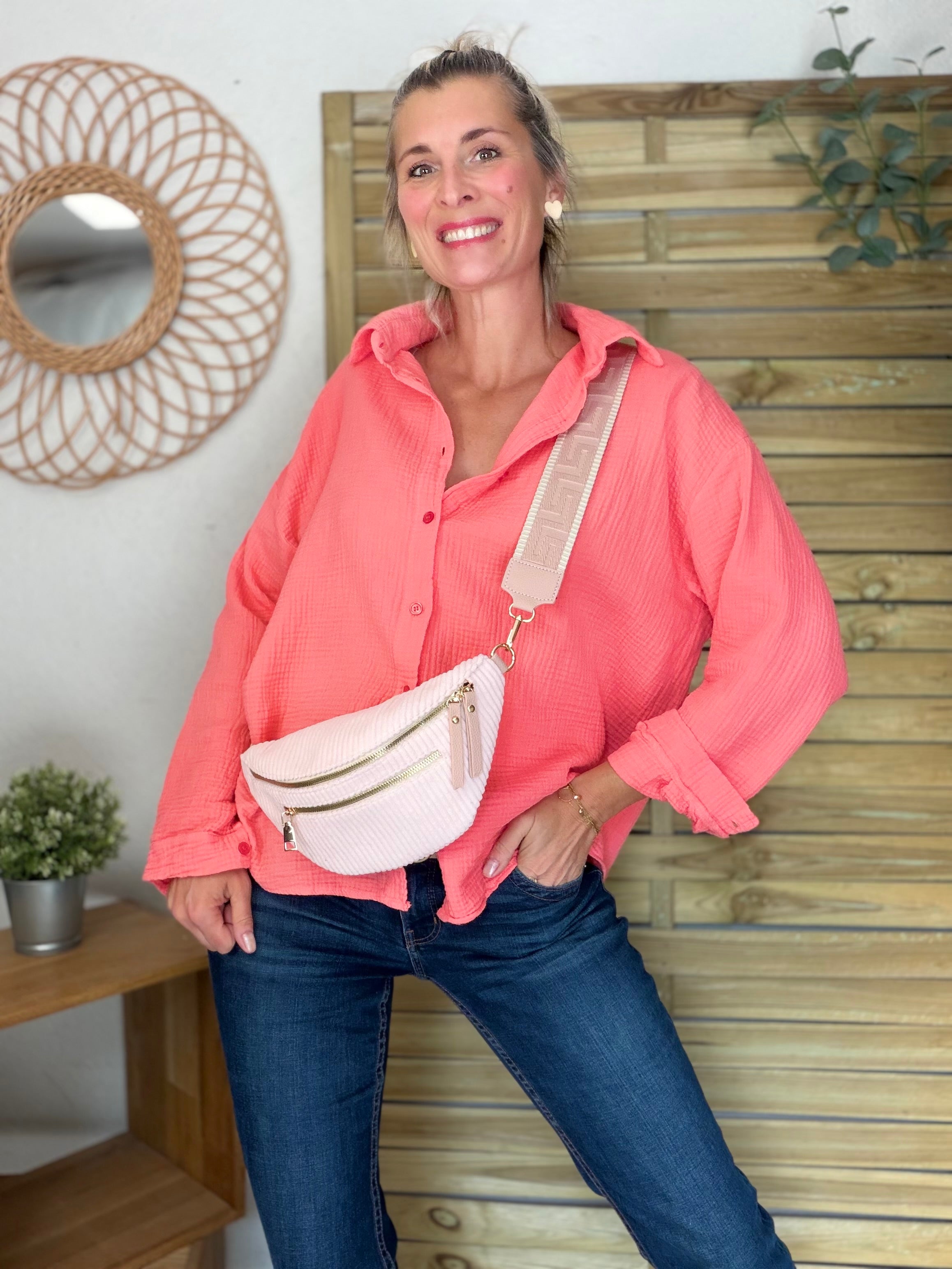 Sac banane en velours côtelé 2 zips et sangle fantaisie - CHARLY Rose poudré