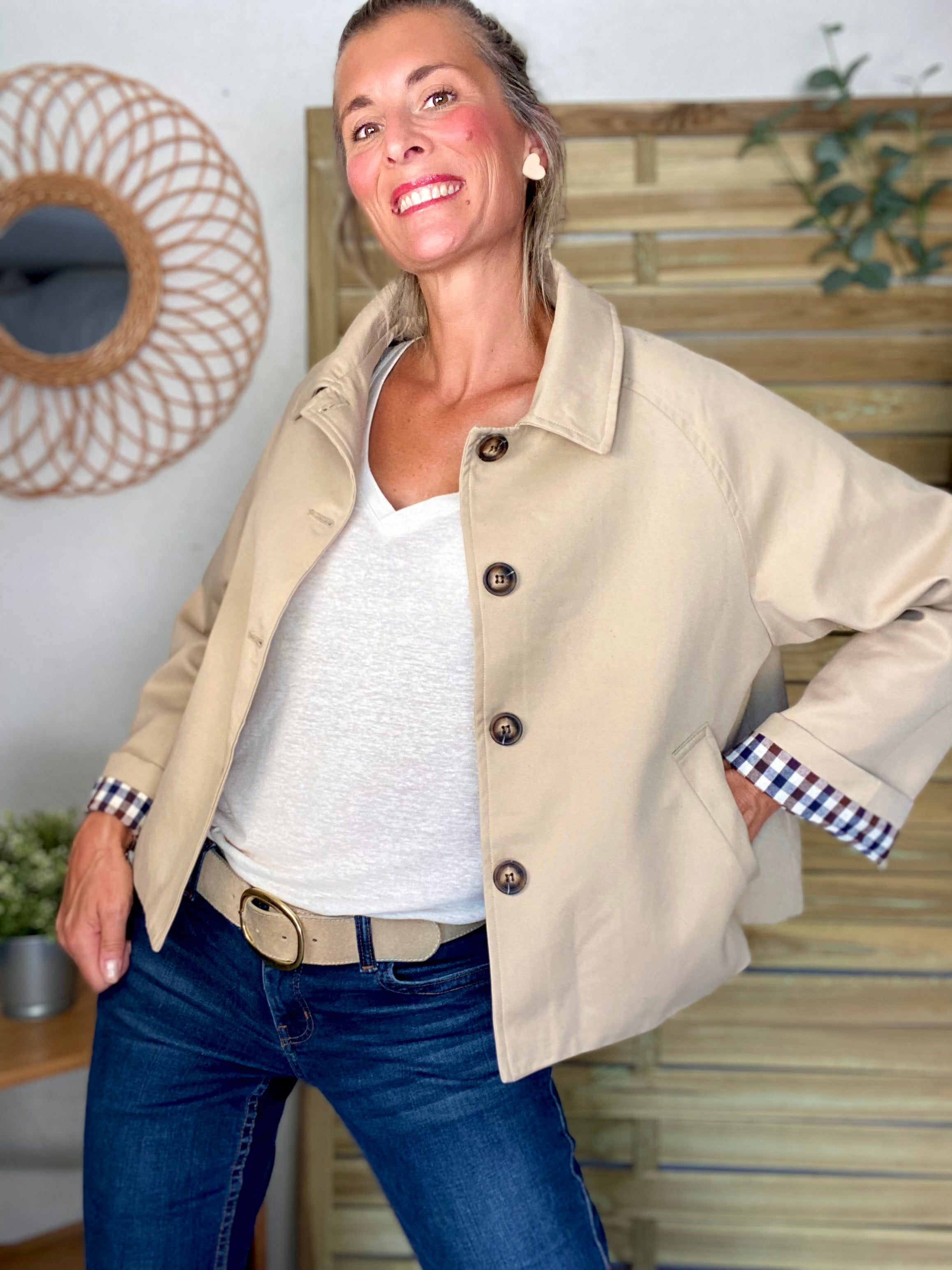 Veste Trench en coton beige avec vichy - YSEULT