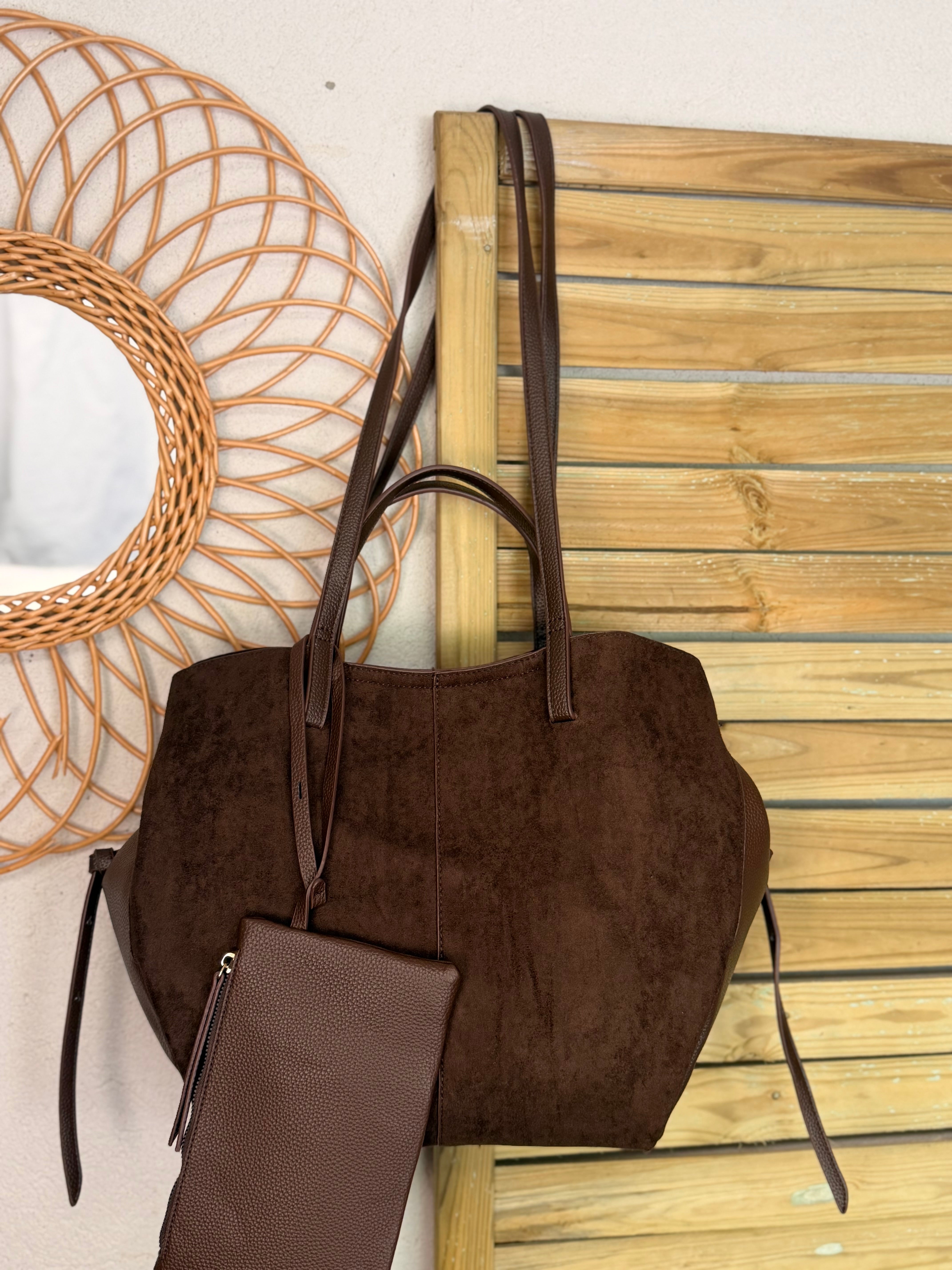 Grand Sac cabas 2 en 1 en simili daim - PAULE Chocolat