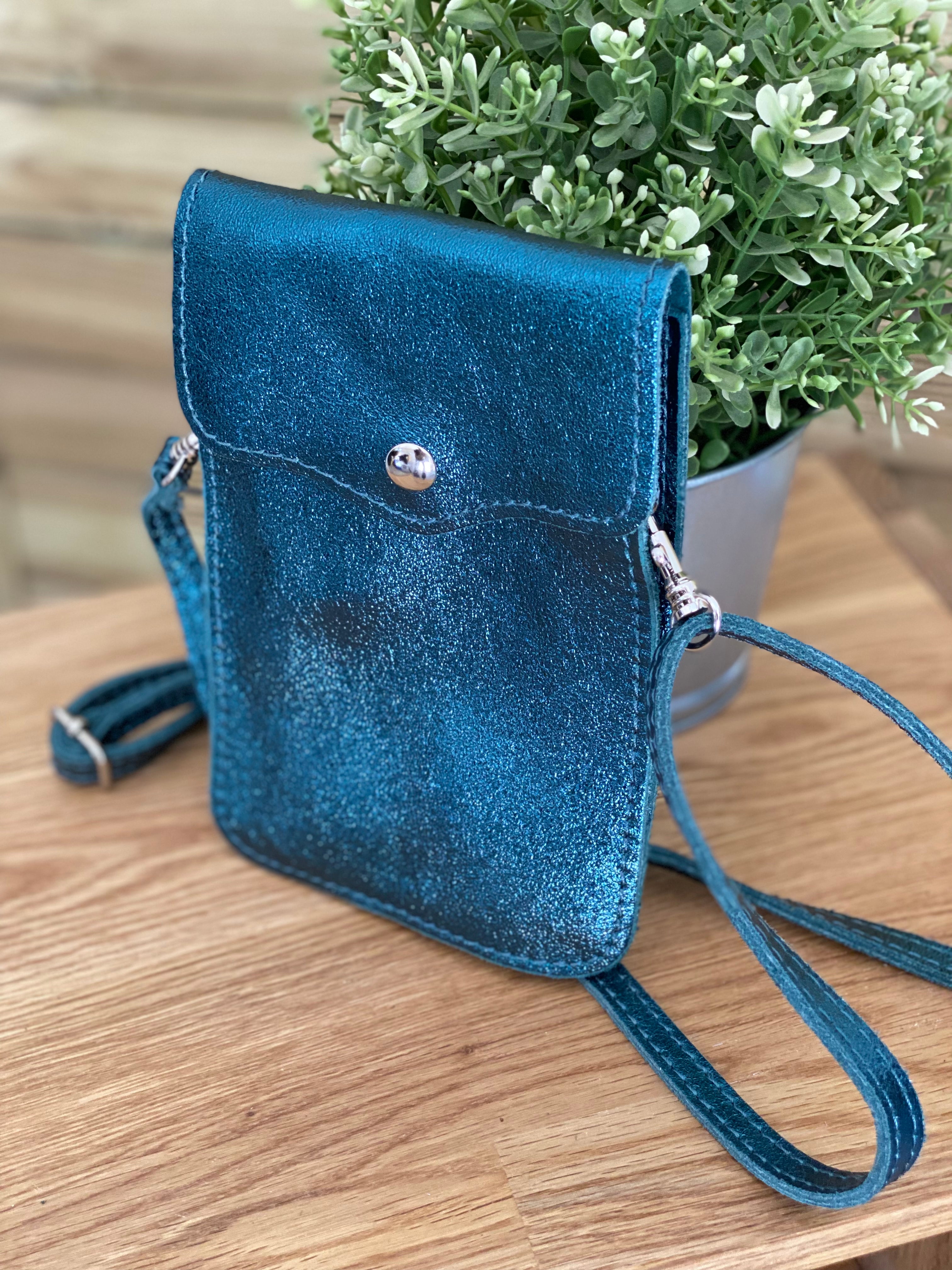 Pochette bandoulière en cuir irisé - FLORE - Bleu pétrole (7 coloris)