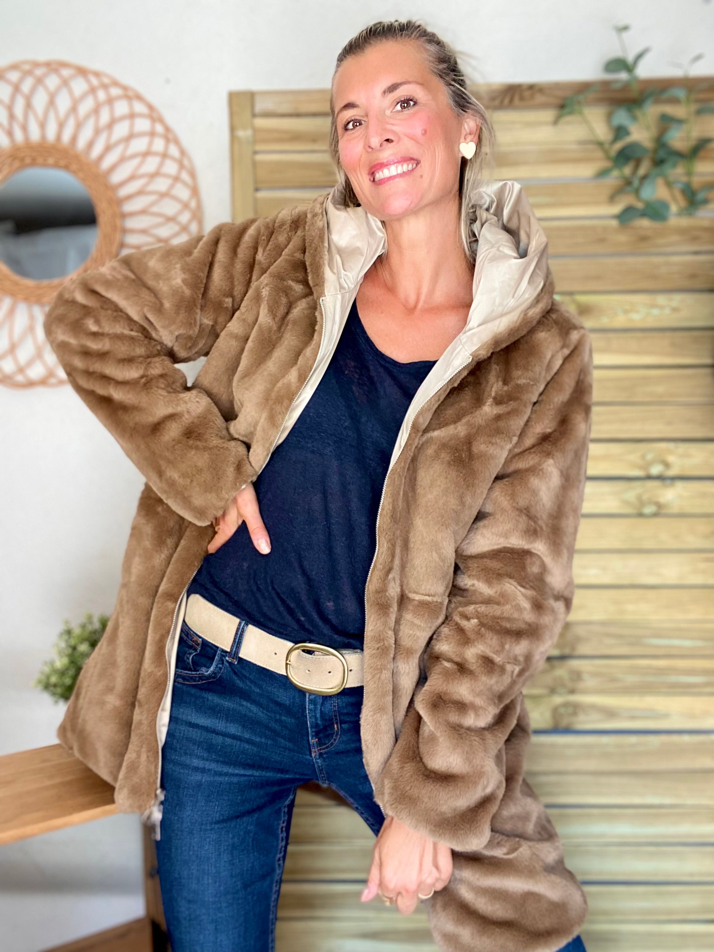 Parka Imperméable réversible fourrée Sable irisé / Camel ALIX - LAURA JO